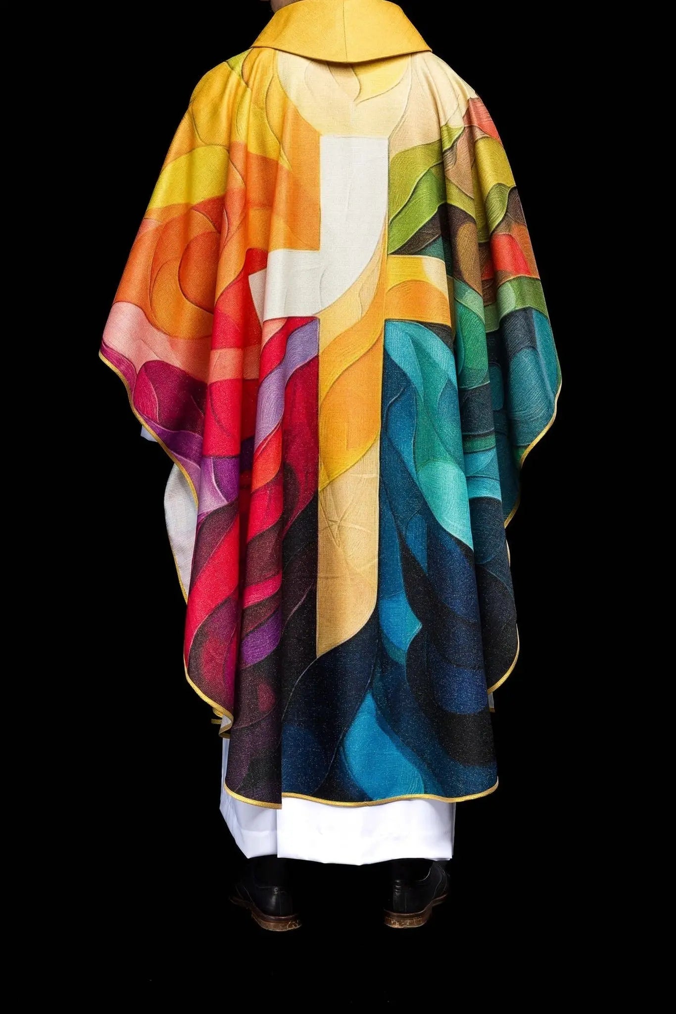 Multicolored printed chasuble with a cross motif