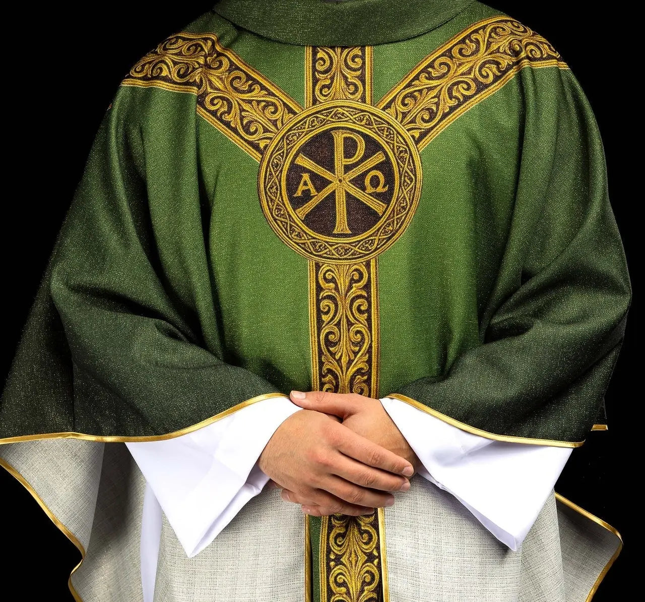 Green printed “Pax” chasuble with rich gold decoration