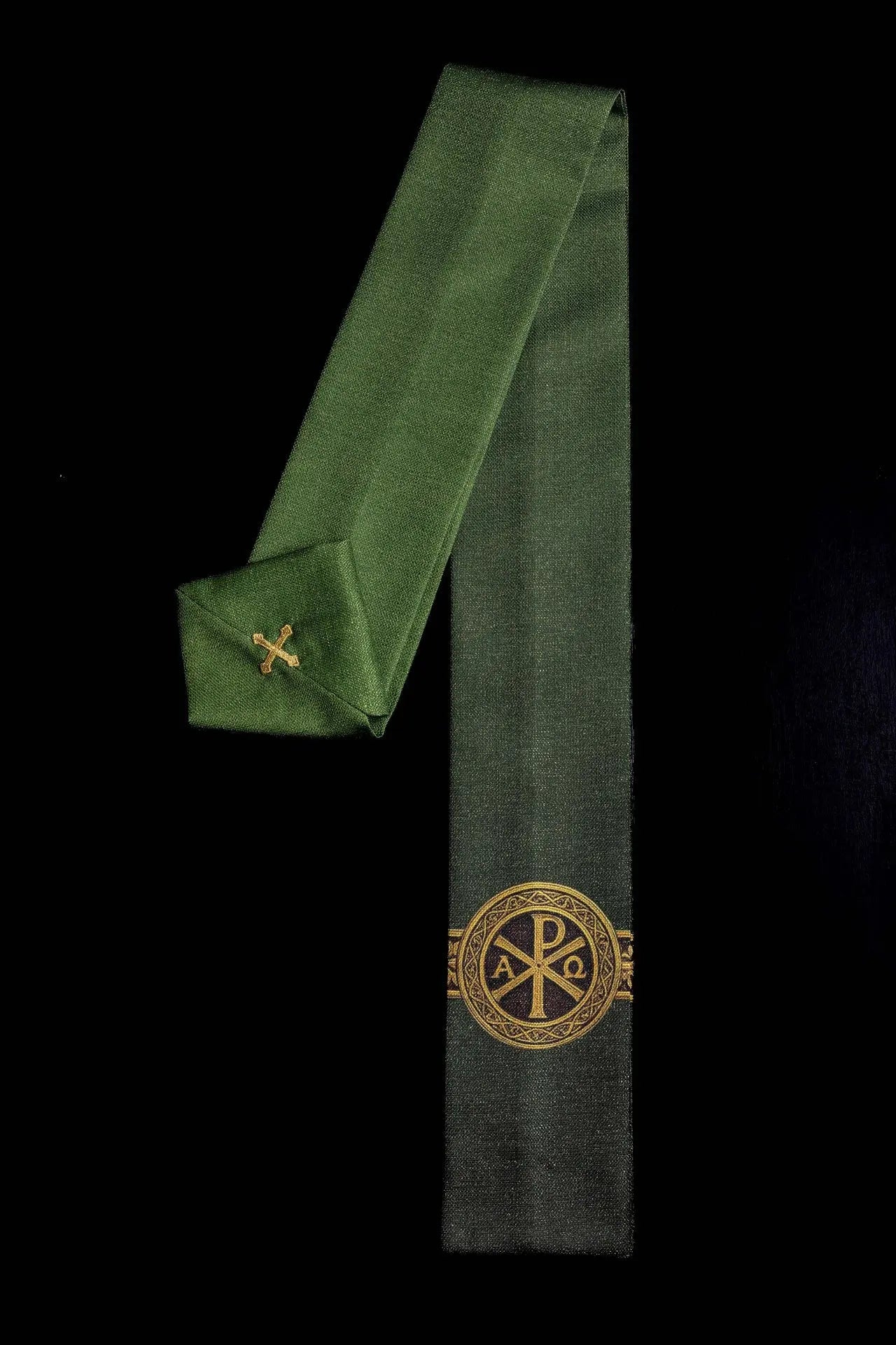 Green printed “Pax” chasuble with rich gold decoration