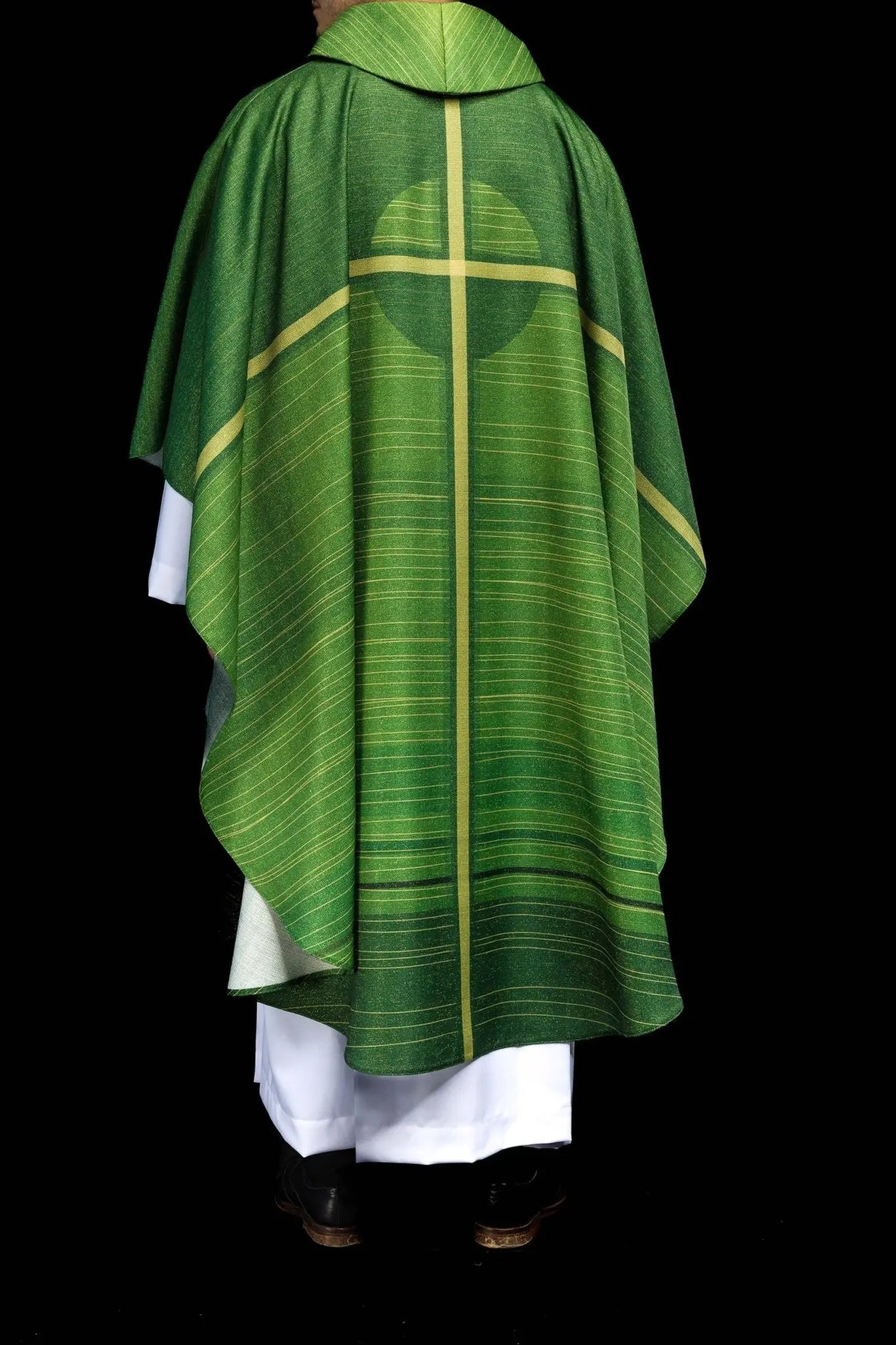 Green printed chasuble with a cross motif