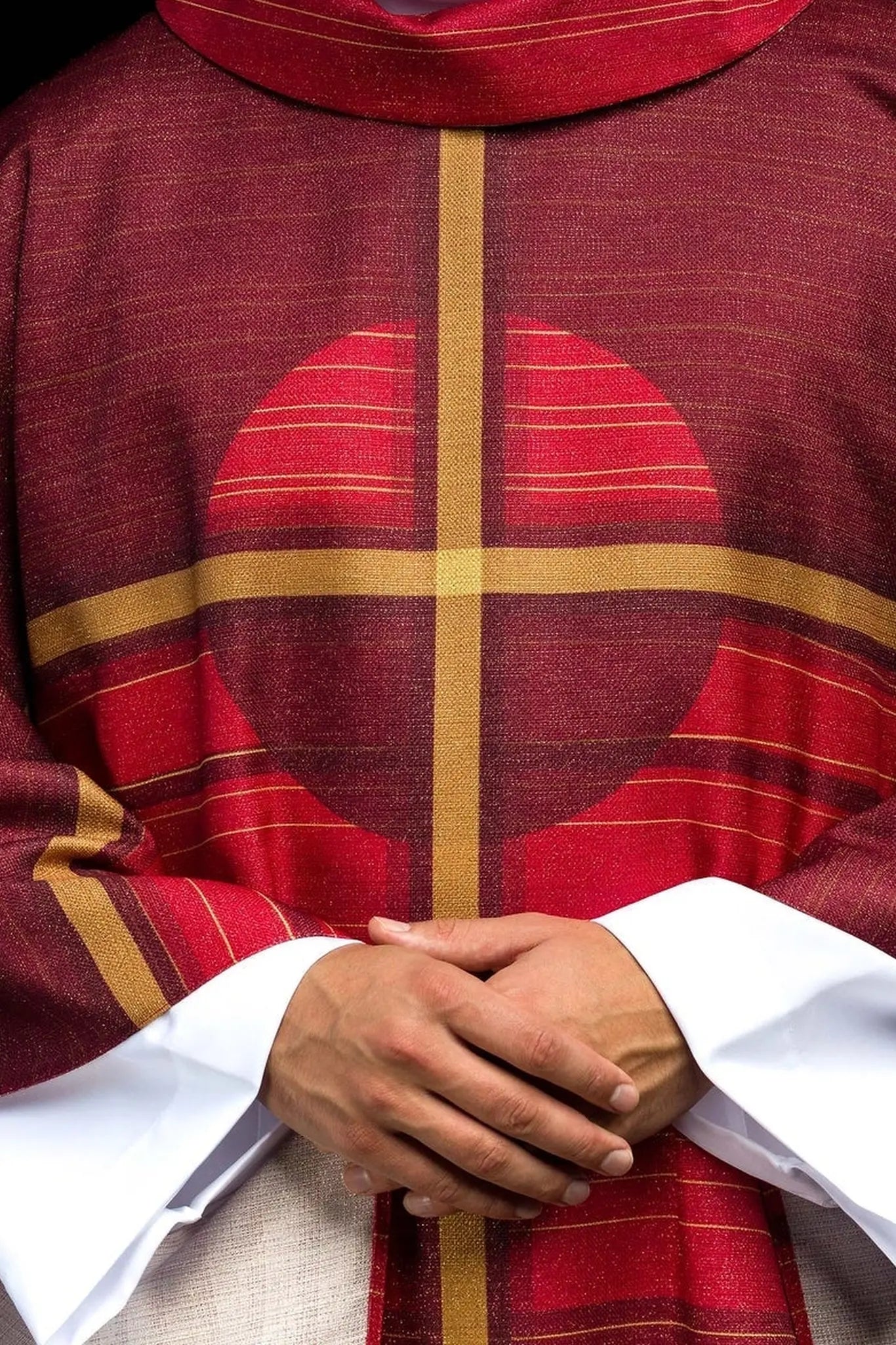 Red printed chasuble with a cross motif