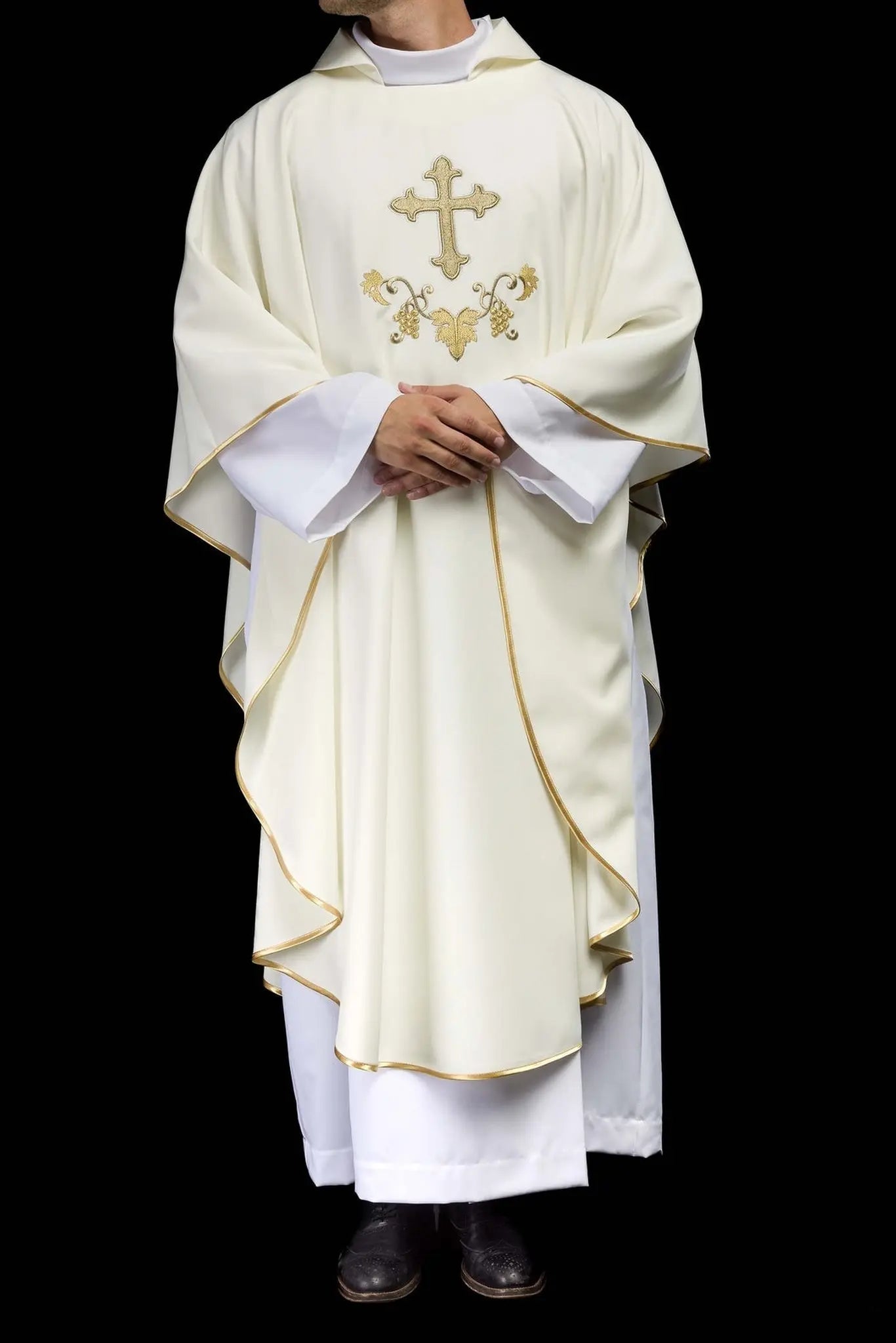 Ecru Embroidered Chasuble with Cross Motif and Wide Collar