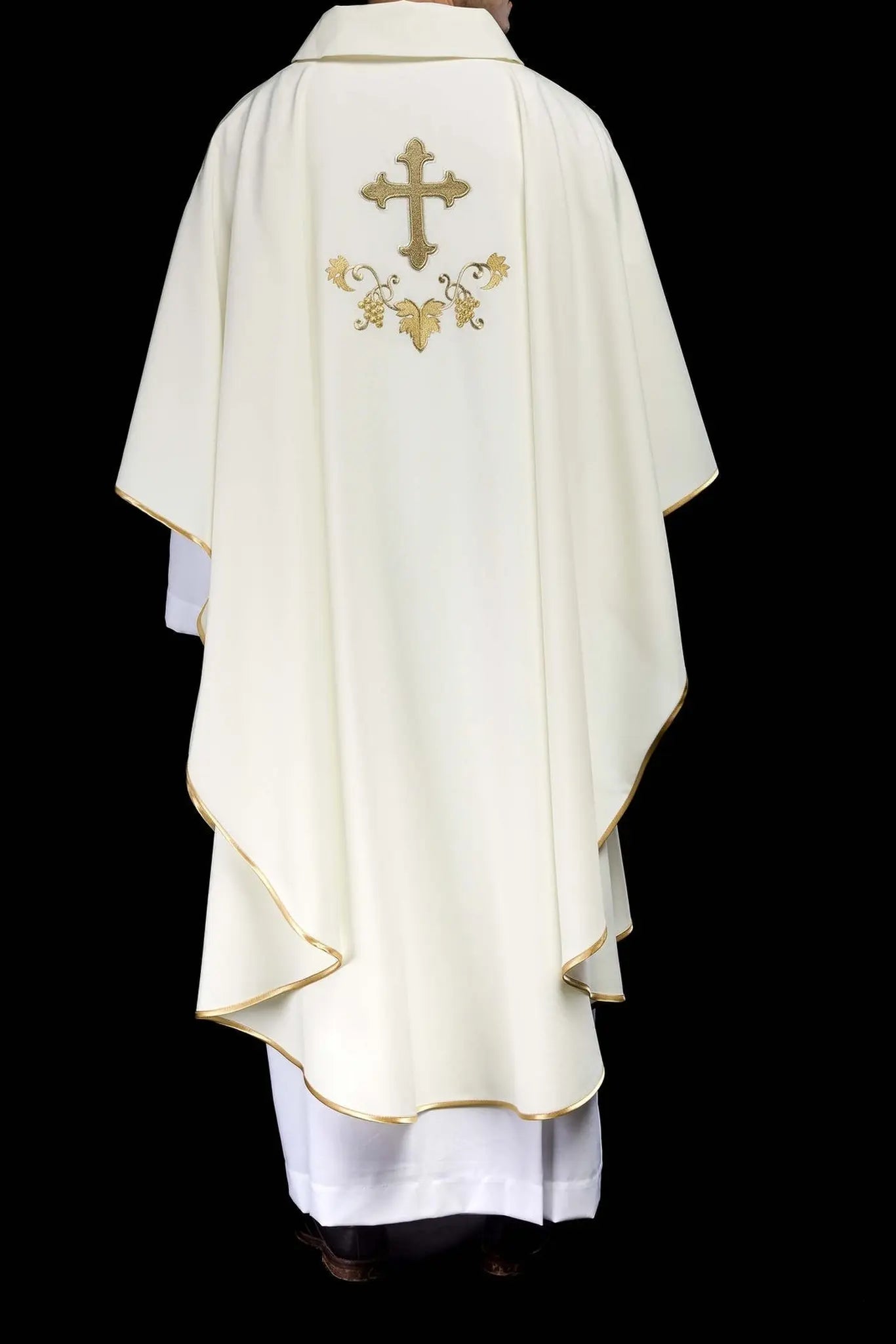 Ecru Embroidered Chasuble with Cross Motif and Wide Collar