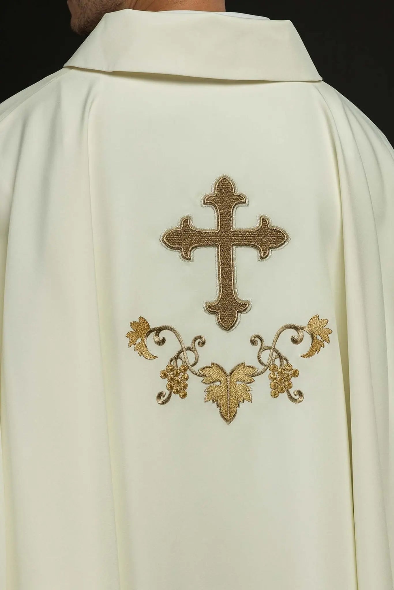Ecru Embroidered Chasuble with Cross Motif and Wide Collar