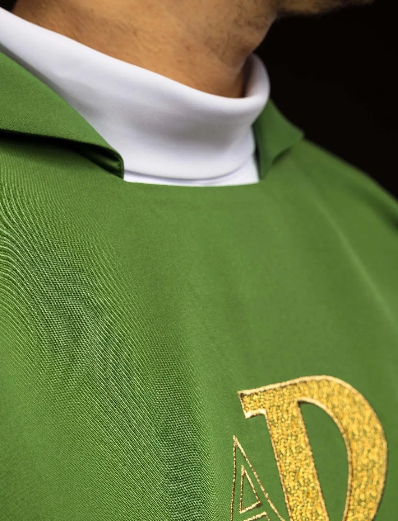 Embroidered chasuble with the Alpha and Omega symbol and wide collar green