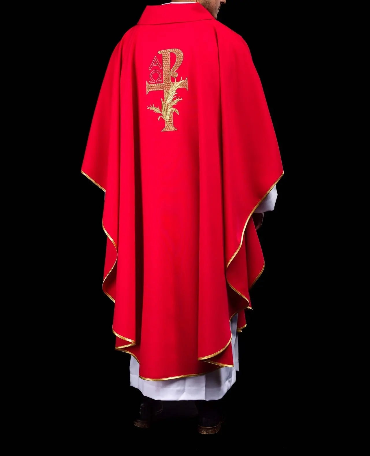 Embroidered chasuble with the Alpha and Omega symbol and wide collar red