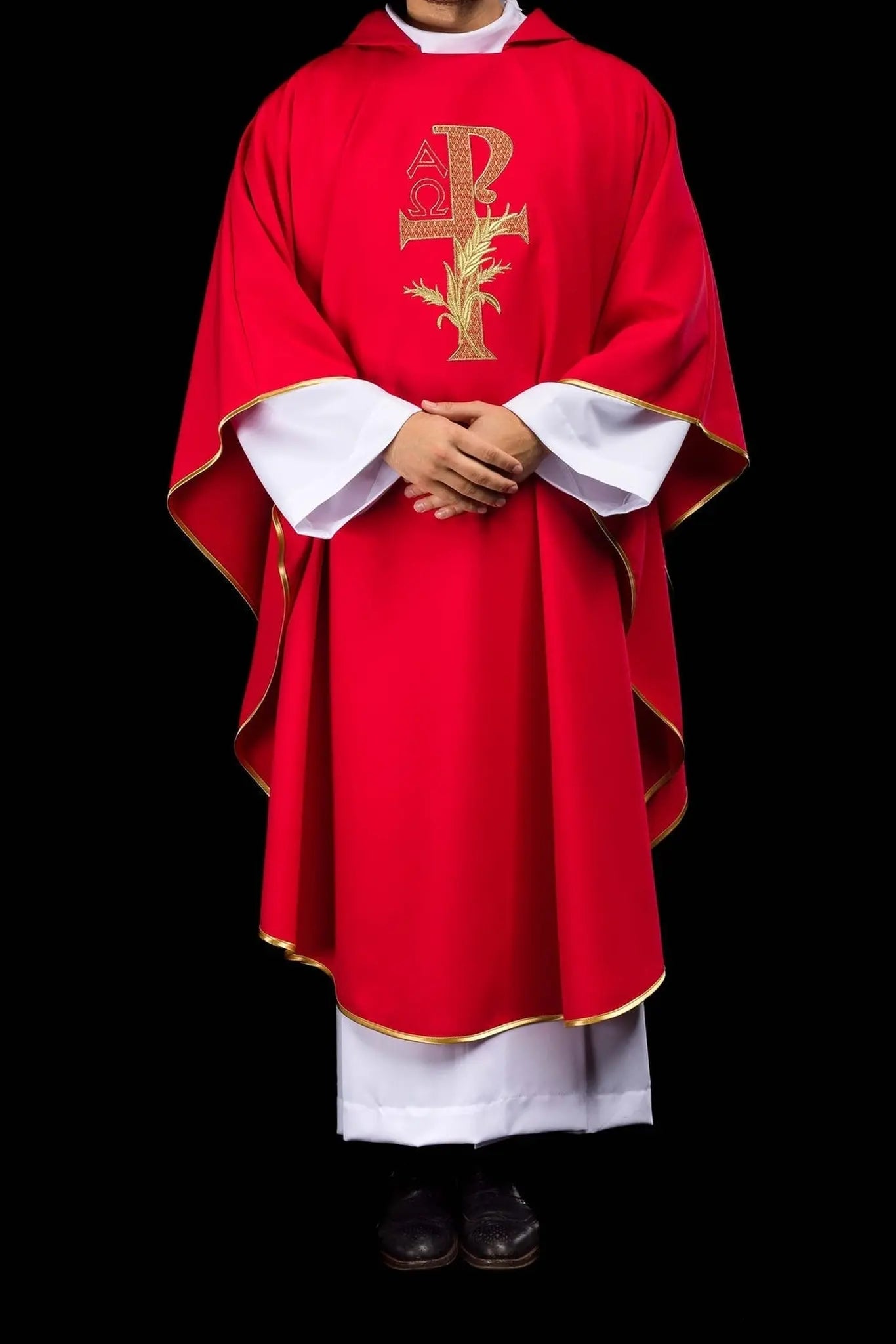 Embroidered chasuble with the Alpha and Omega symbol and wide collar red