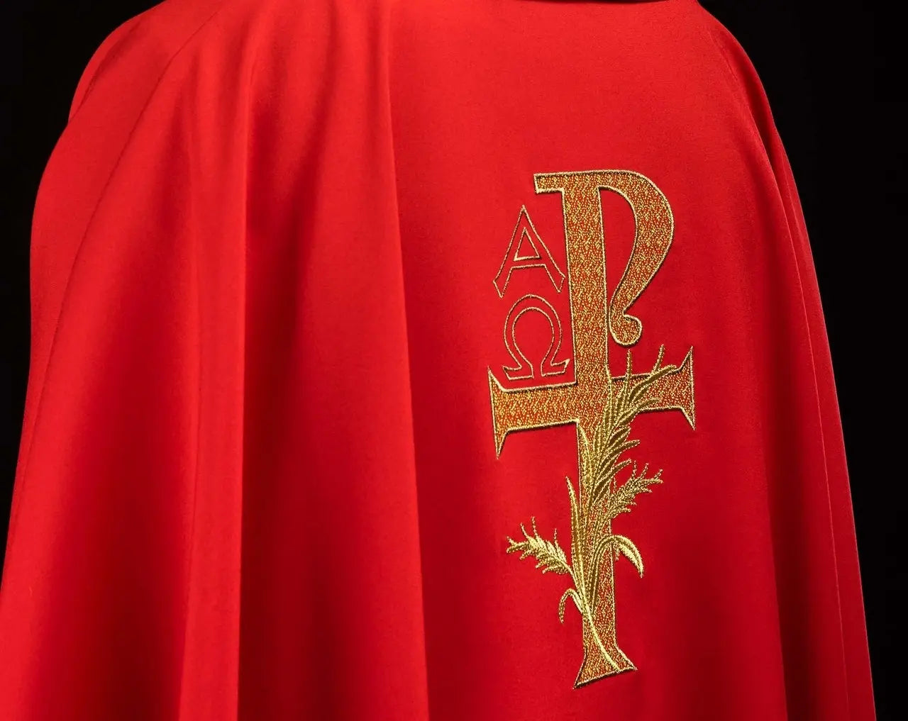 Embroidered chasuble with the Alpha and Omega symbol and wide collar red