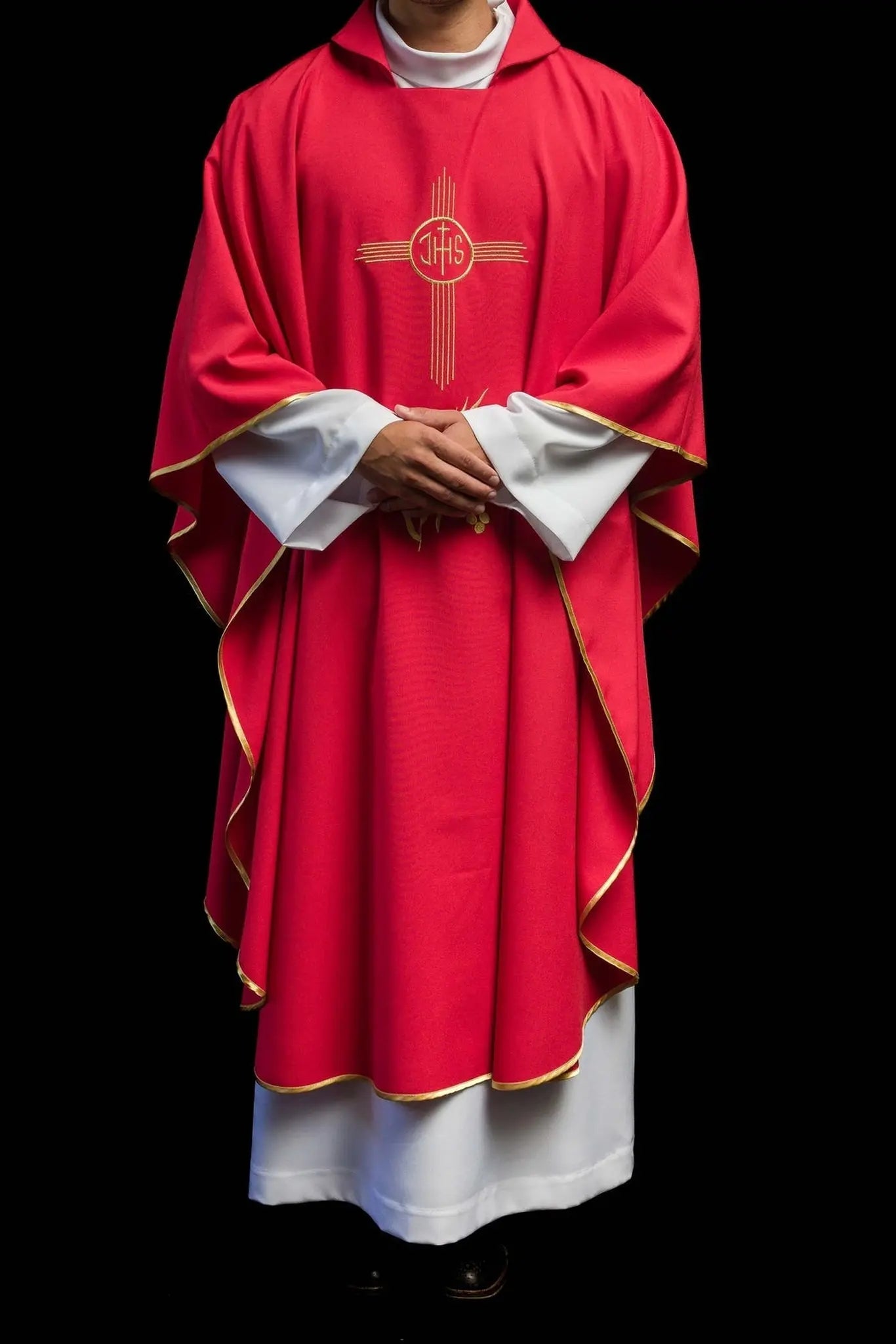 Red Embroidered Chasuble with Wide Collar and IHS Motif