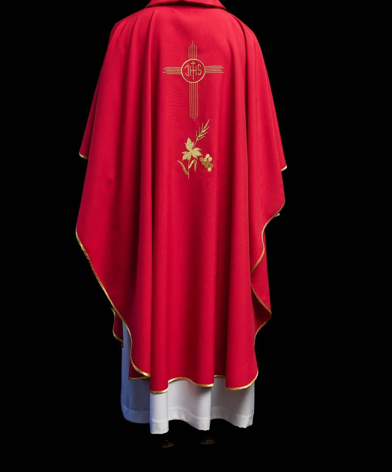Red Embroidered Chasuble with Wide Collar and IHS Motif