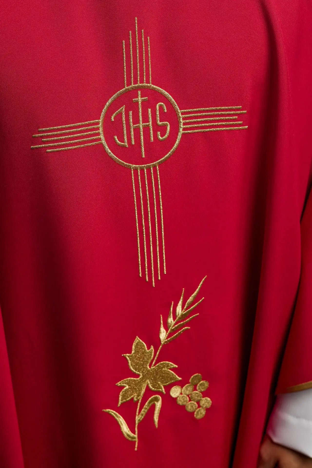 Red Embroidered Chasuble with Wide Collar and IHS Motif
