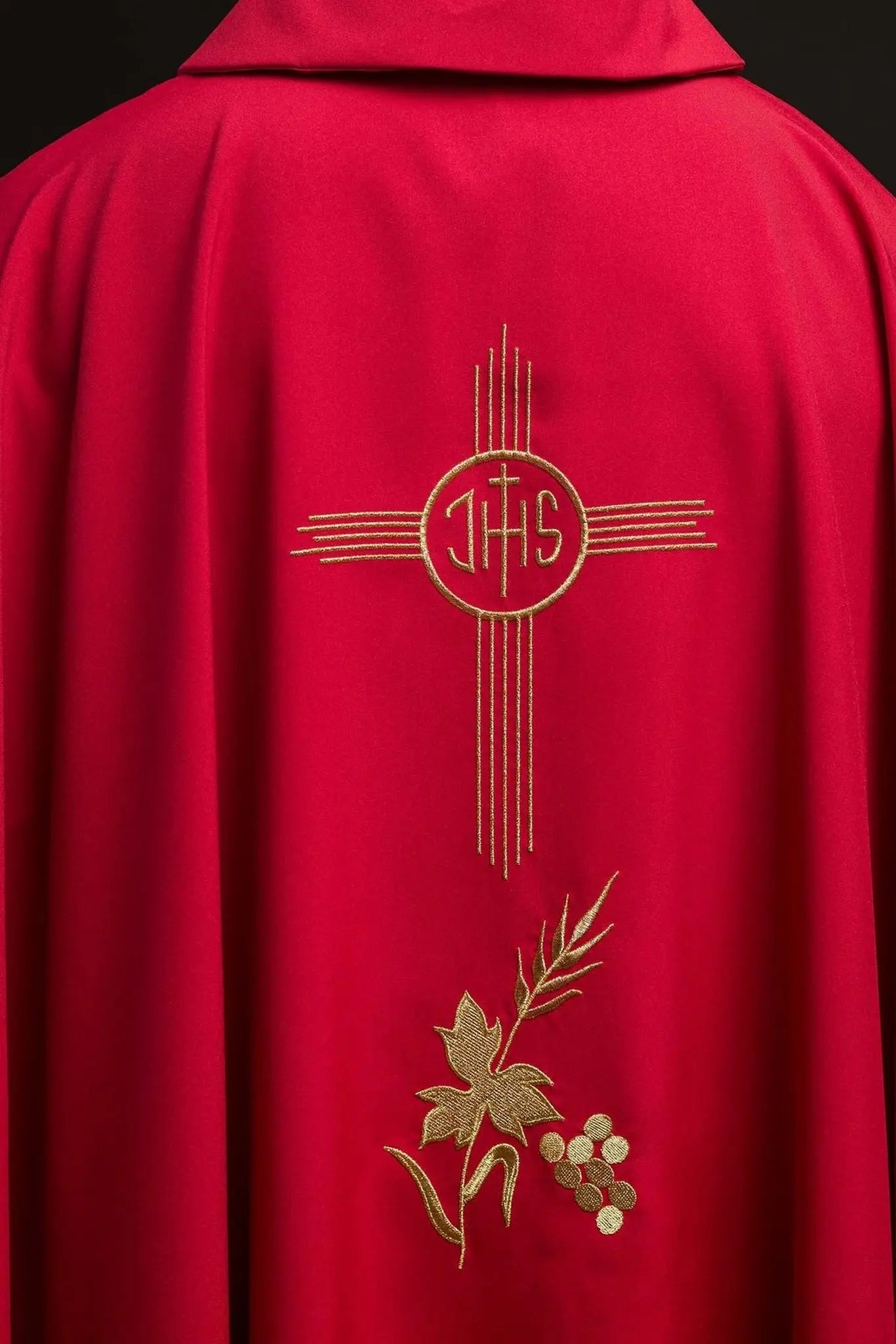Red Embroidered Chasuble with Wide Collar and IHS Motif