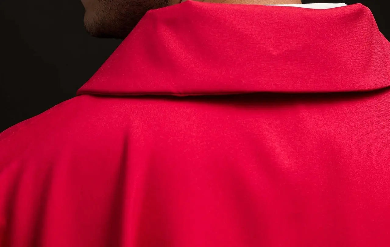 Red Embroidered Chasuble with Wide Collar and IHS Motif