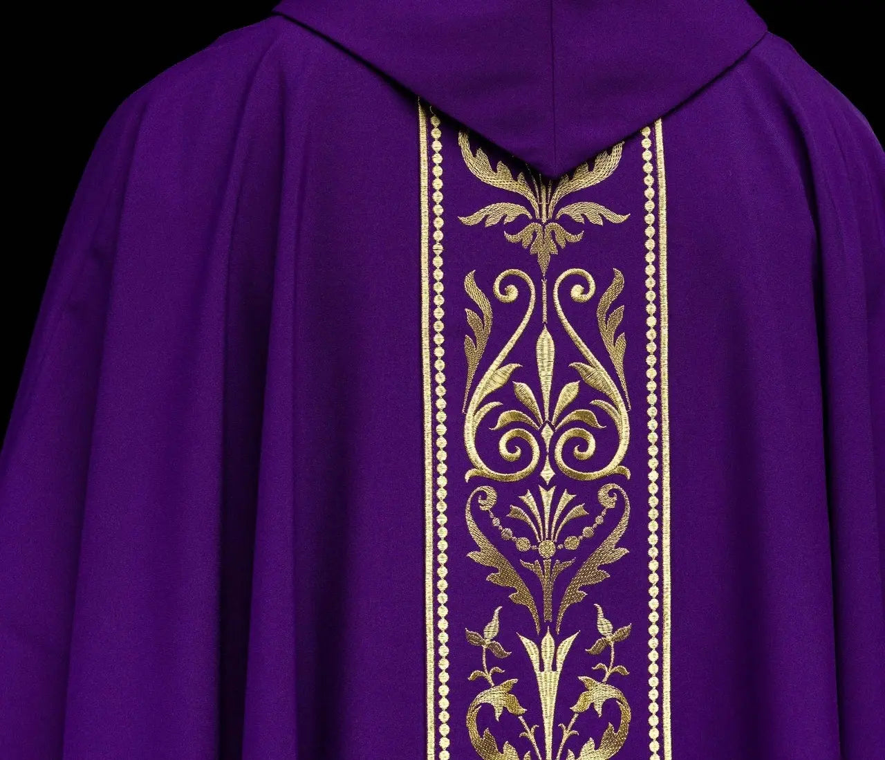 Purple liturgical chasuble decorated with gold embroidered belt