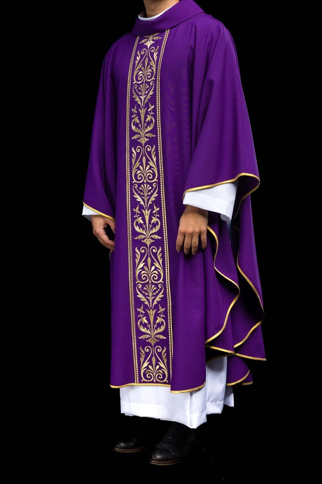 Purple liturgical chasuble decorated with gold embroidered belt