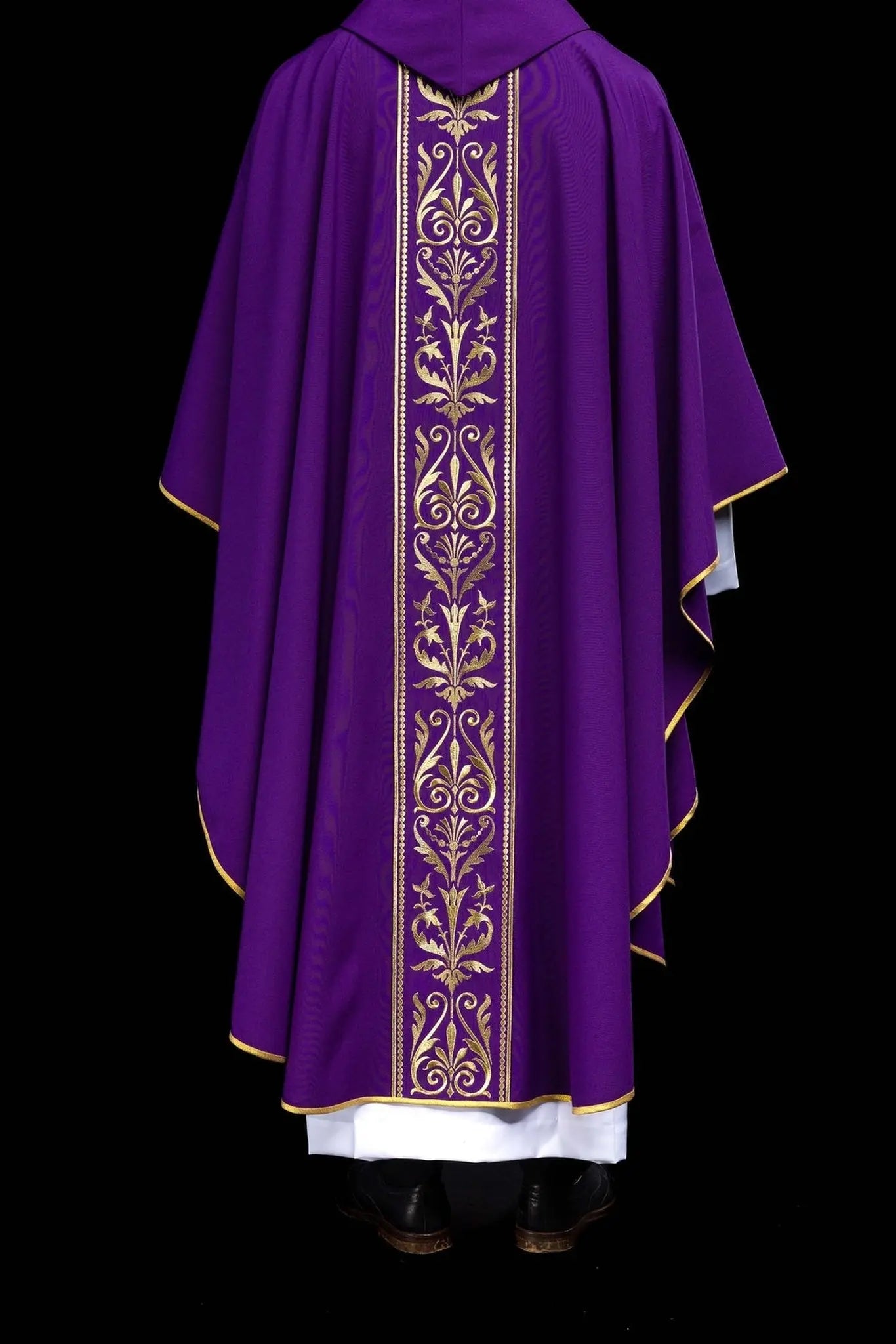 Purple liturgical chasuble decorated with gold embroidered belt