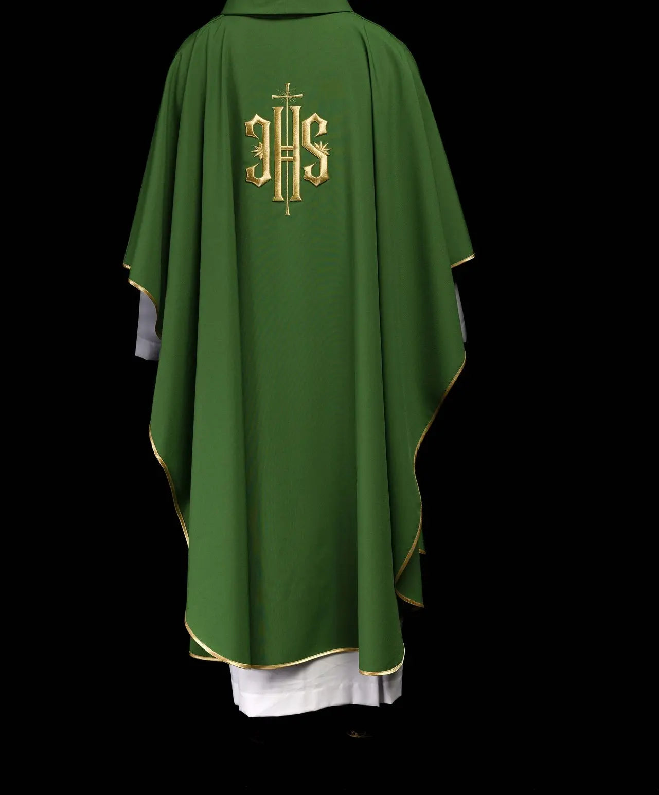 Green embroidered chasuble with gold IHS motif