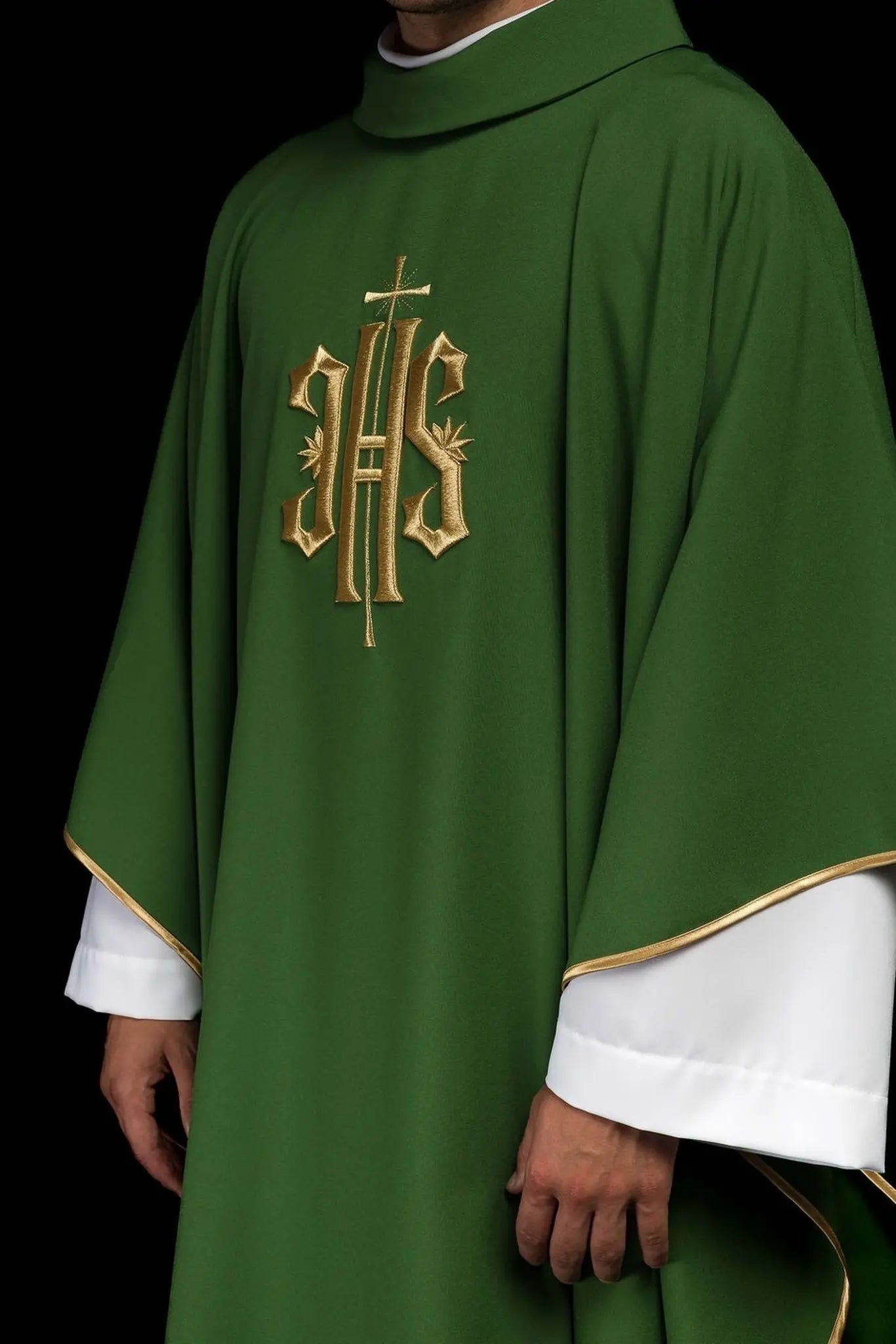 Green embroidered chasuble with gold IHS motif