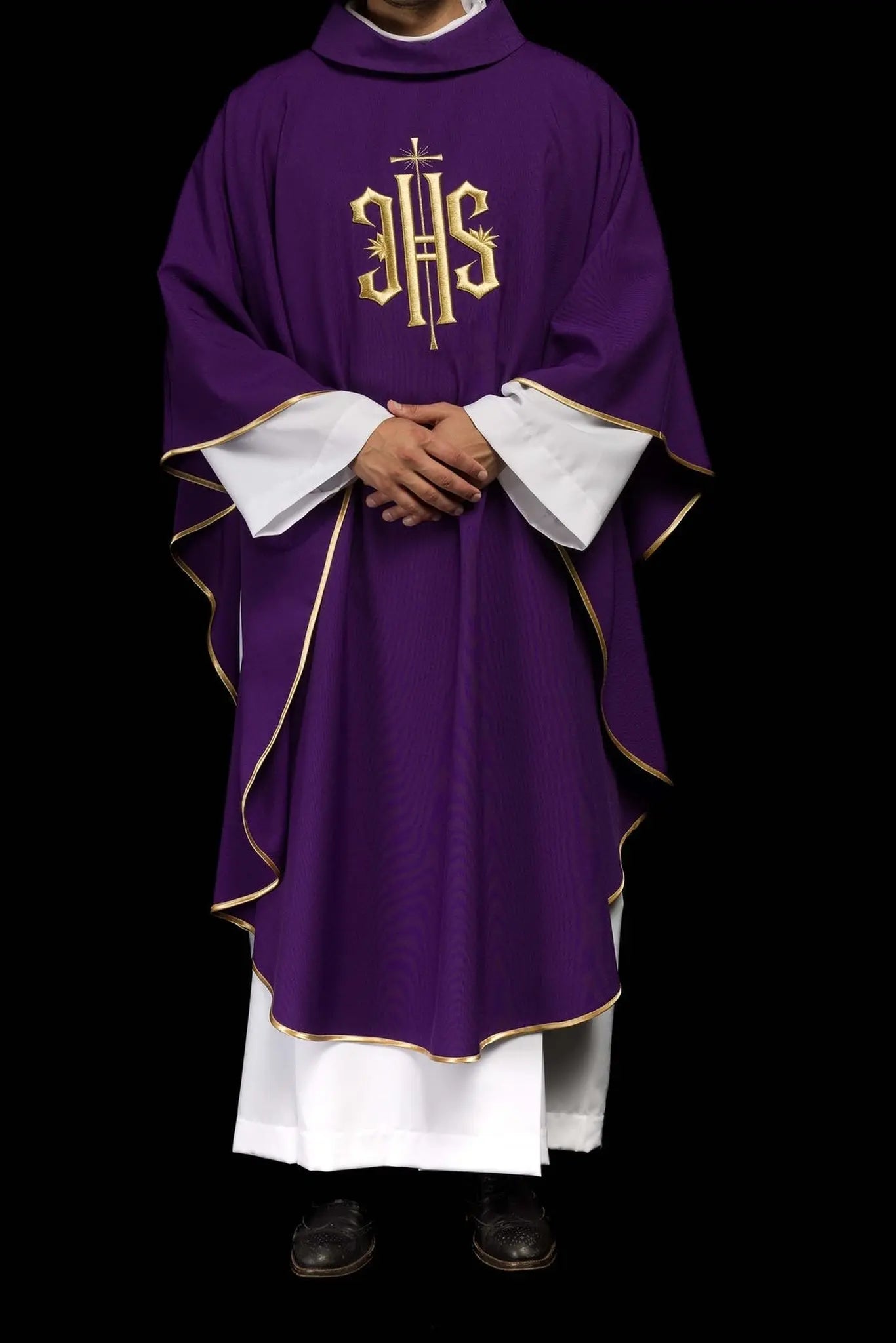 Purple embroidered chasuble with gold IHS motif