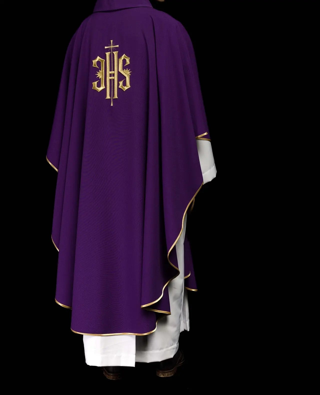Purple embroidered chasuble with gold IHS motif