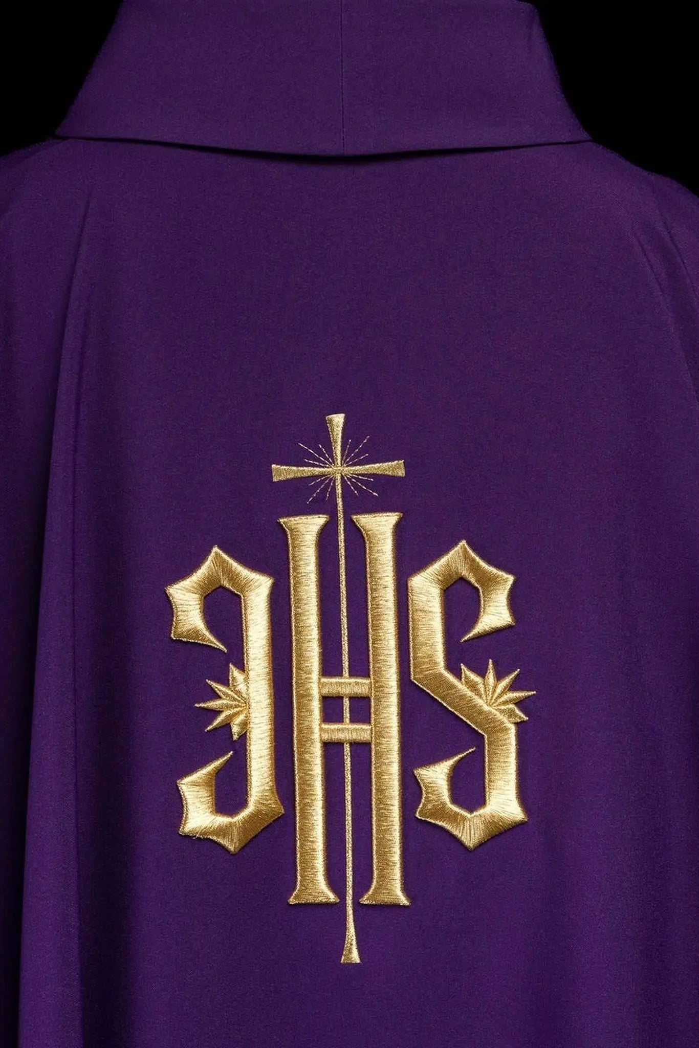Purple embroidered chasuble with gold IHS motif