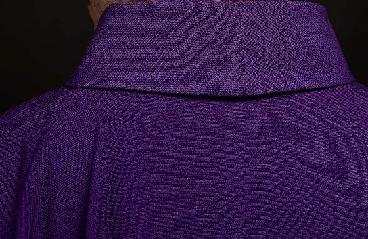 Purple embroidered chasuble with gold IHS motif