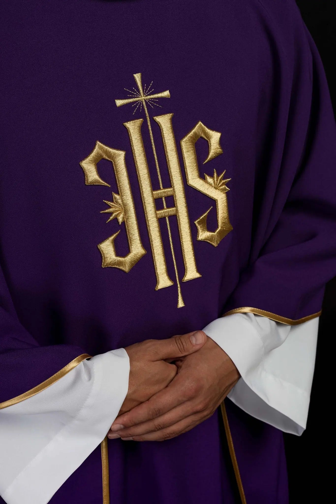Purple embroidered chasuble with gold IHS motif