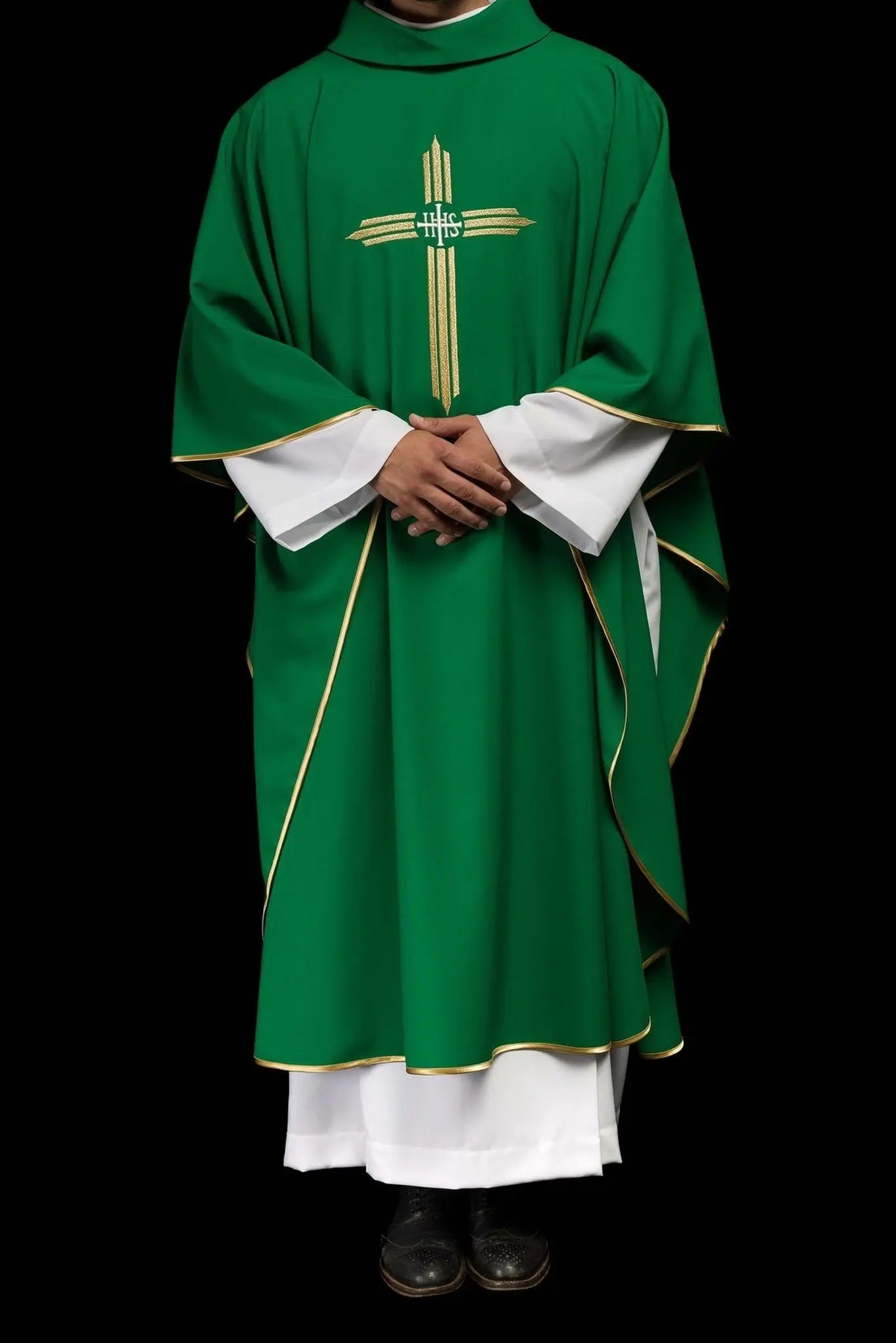 Green embroidered chasuble with IHS Cross