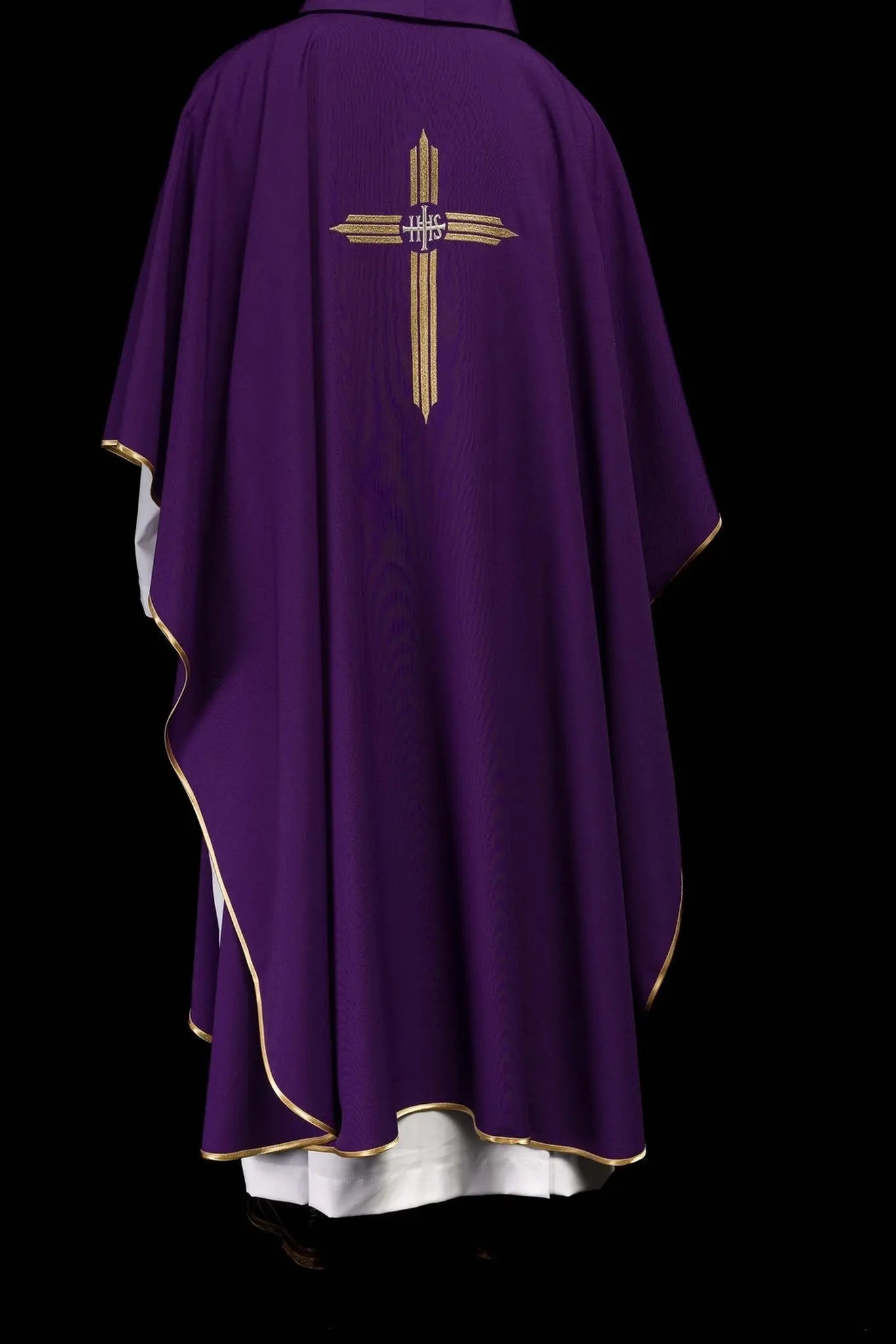 Purple embroidered chasuble with IHS Cross