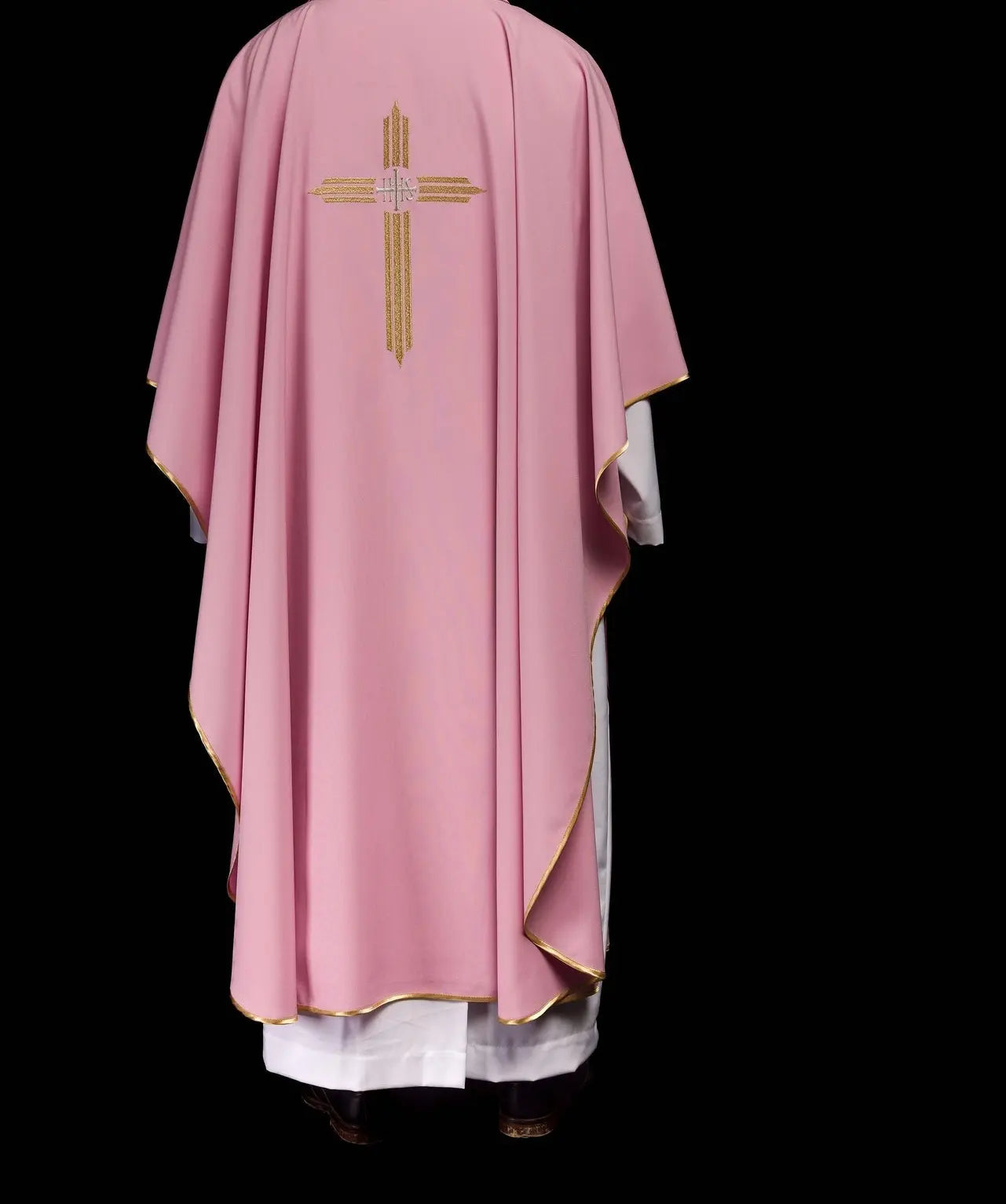 Pink chasuble with gold IHS embroidery