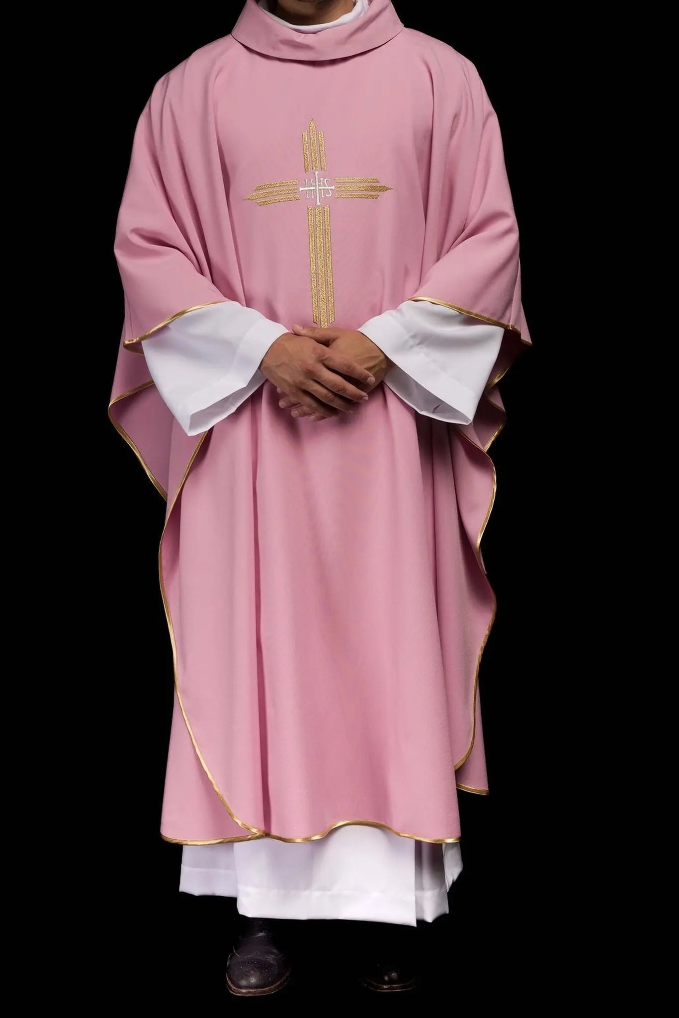 Pink chasuble with gold IHS embroidery