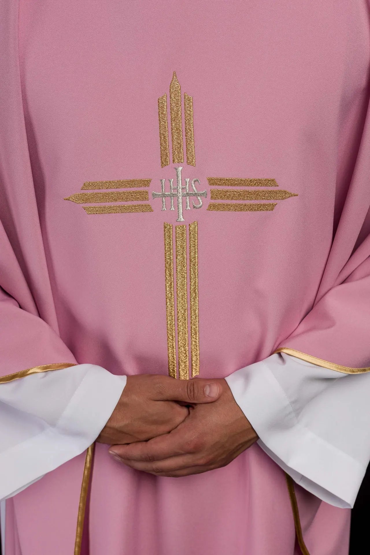 Pink chasuble with gold IHS embroidery