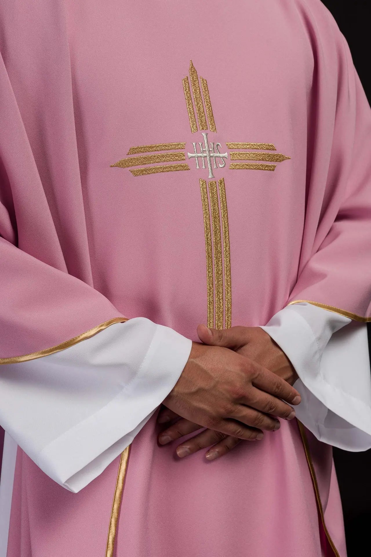 Pink chasuble with gold IHS embroidery