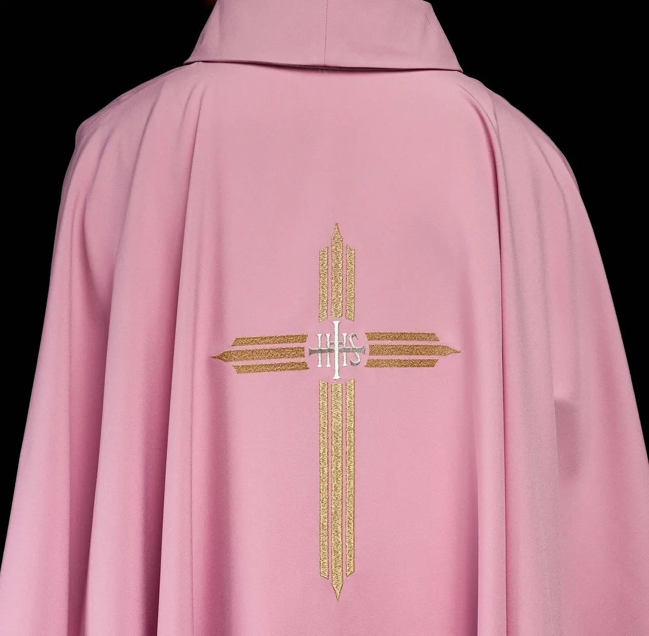 Pink chasuble with gold IHS embroidery