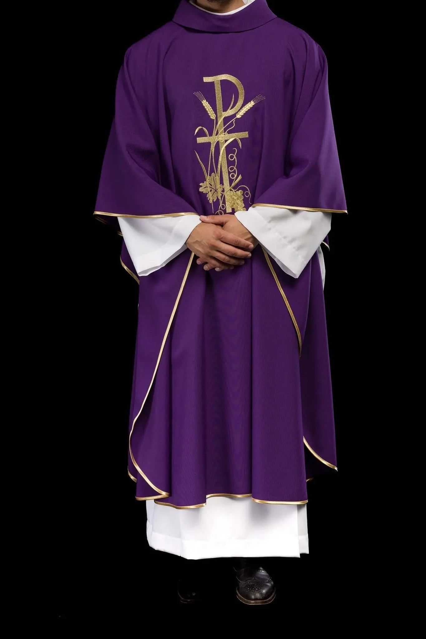 Purple chasuble with gold cross embroidery