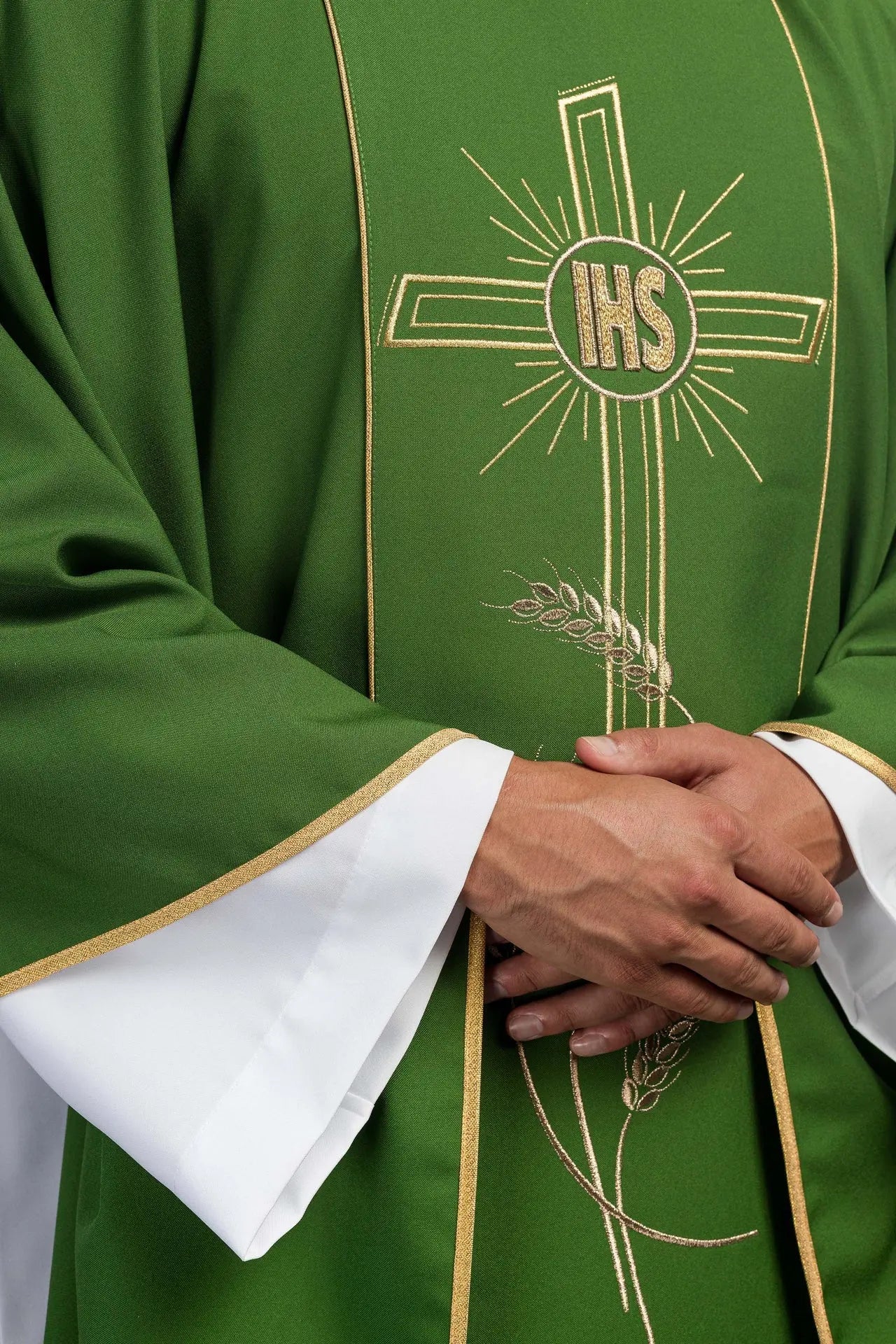 Green chasuble with wide embroidered gold stripe IHS cross
