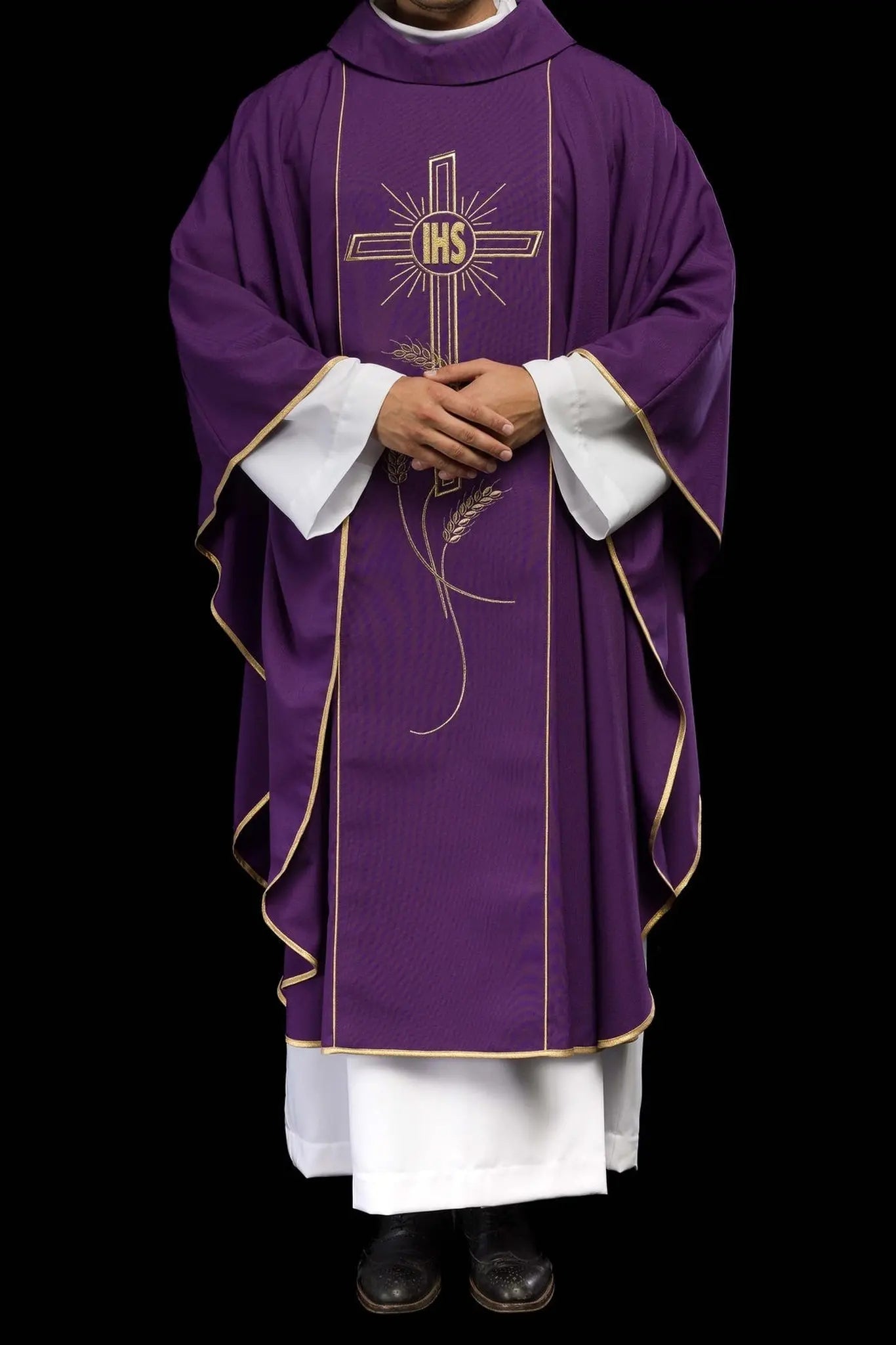 Purple chasuble with wide gold embroidered stripe IHS cross