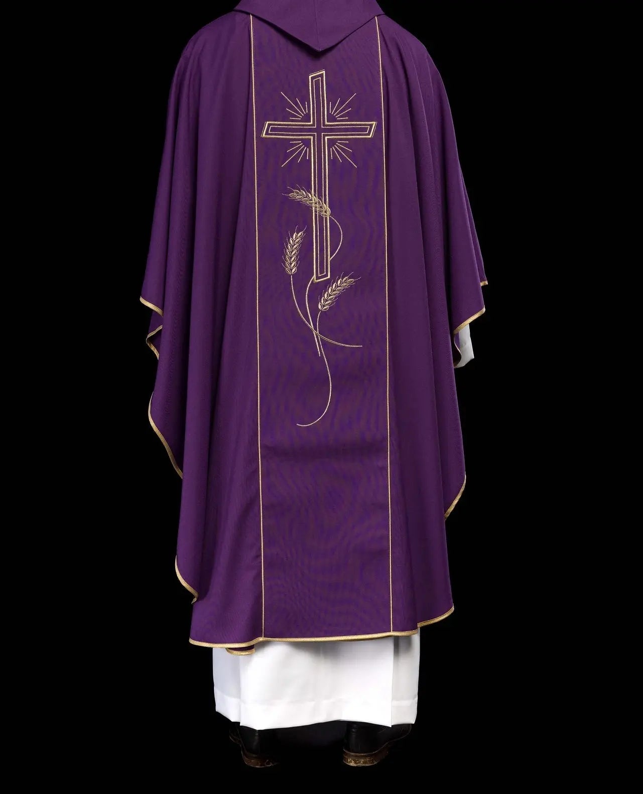 Purple chasuble with wide gold embroidered stripe IHS cross