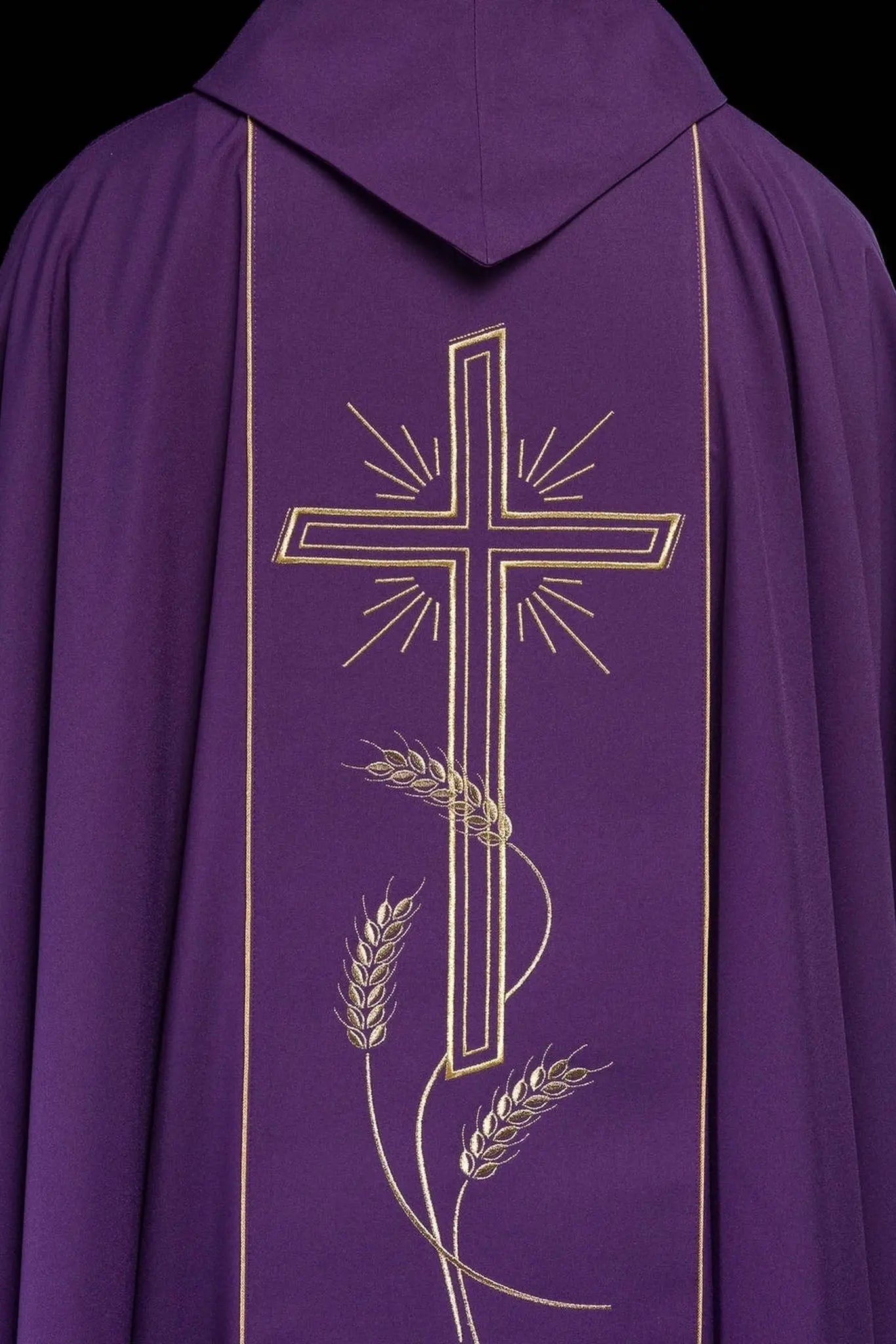 Purple chasuble with wide gold embroidered stripe IHS cross