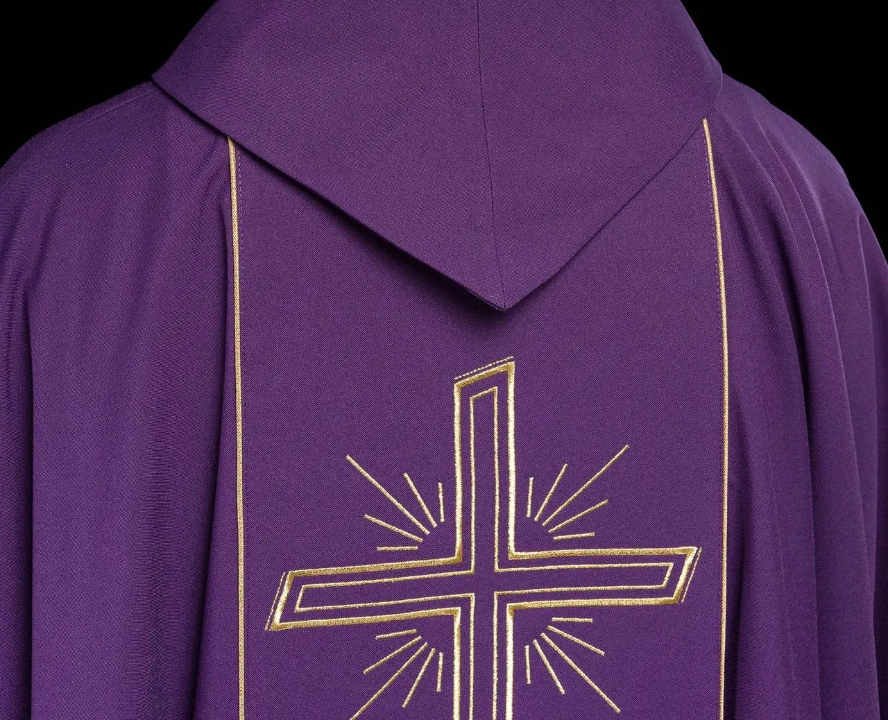 Purple chasuble with wide gold embroidered stripe IHS cross