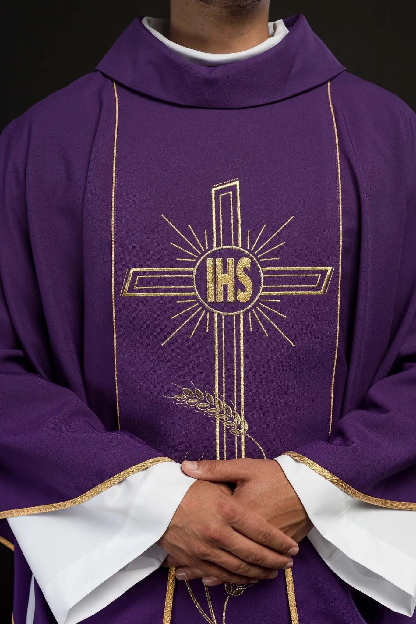 Purple chasuble with wide gold embroidered stripe IHS cross