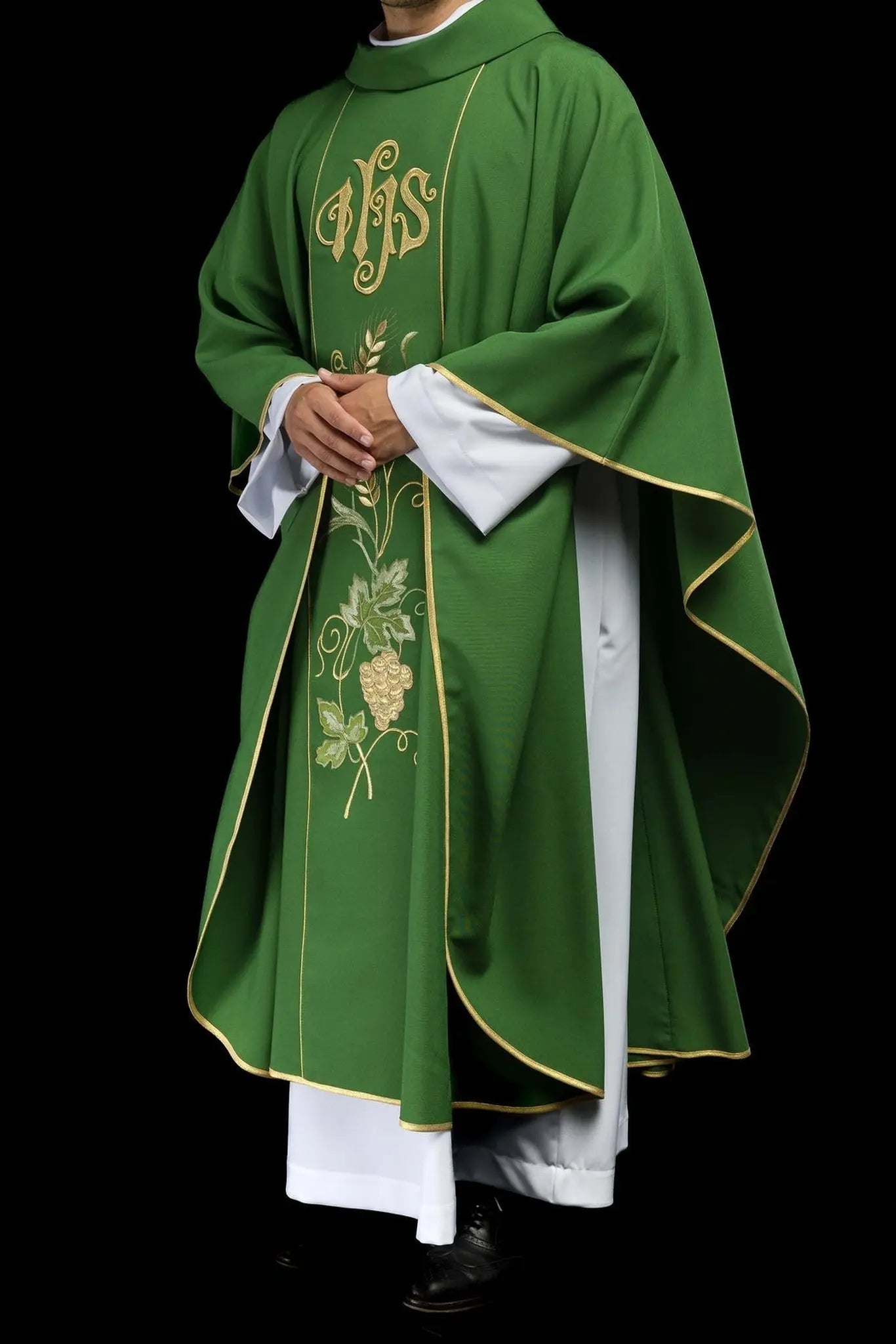 Green chasuble on belt with IHS embroidery, ears and grapes