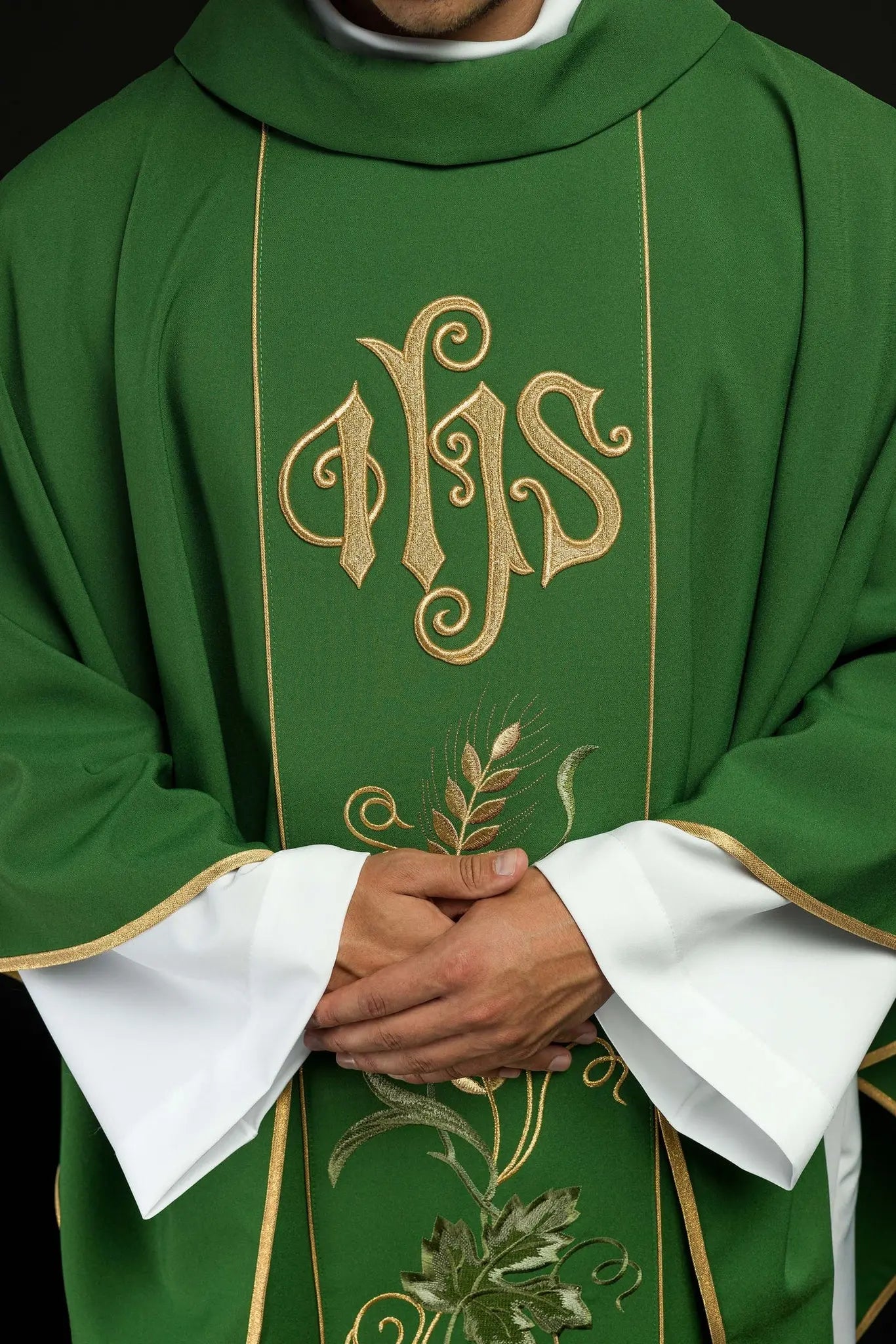 Green chasuble on belt with IHS embroidery, ears and grapes