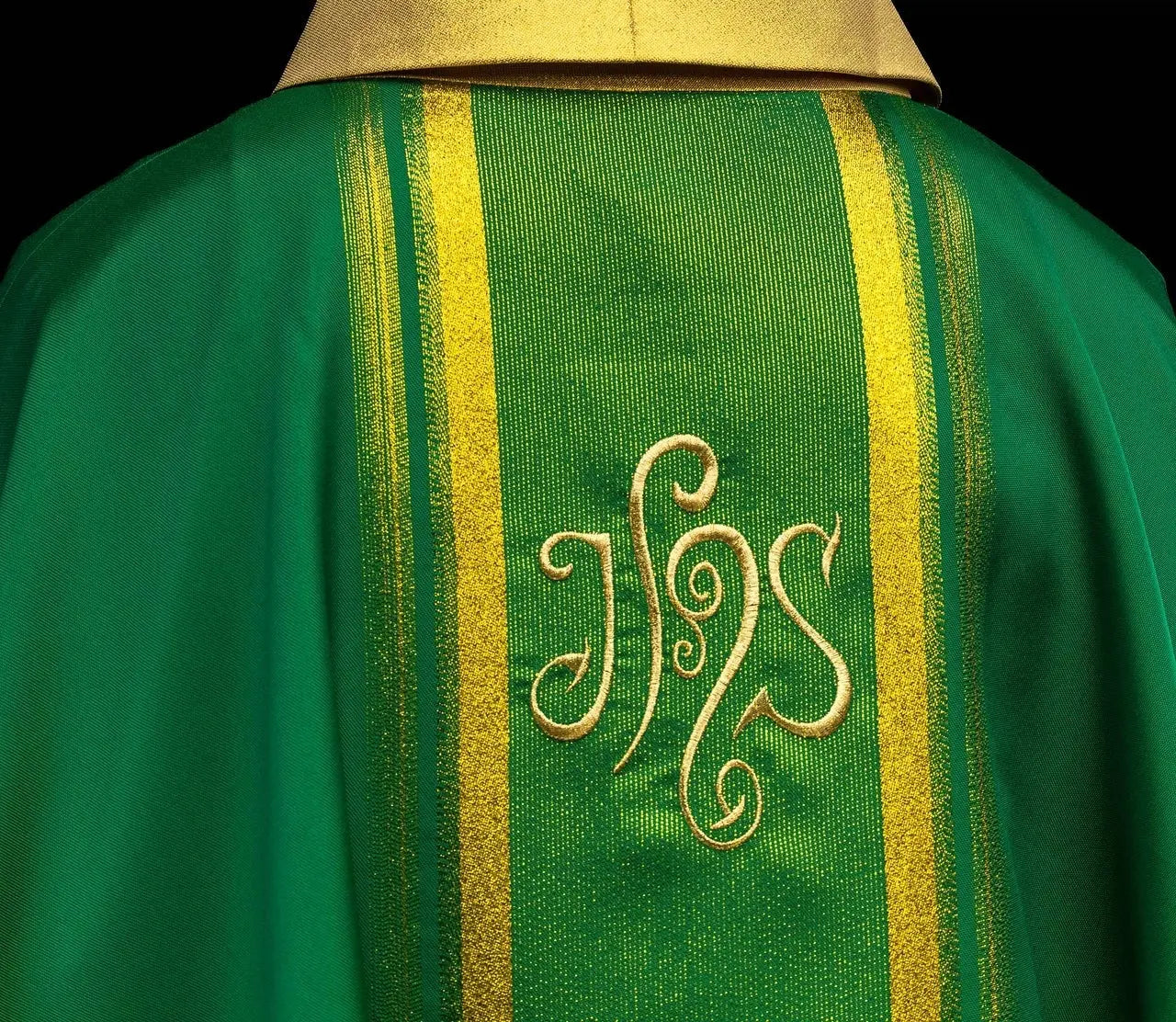 Green embroidered chasuble with IHS design with gilding