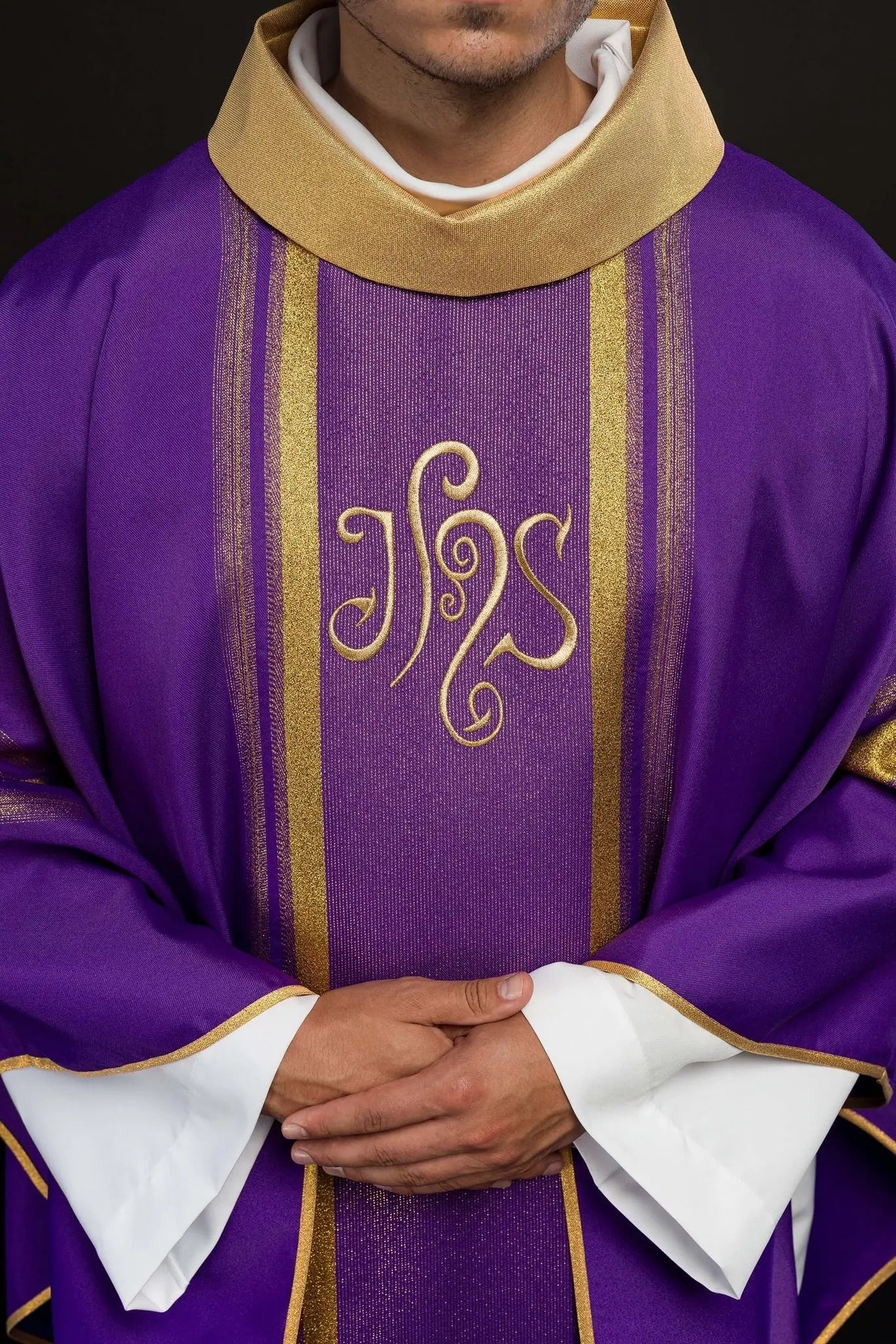 Purple embroidered chasuble with IHS design with gilding