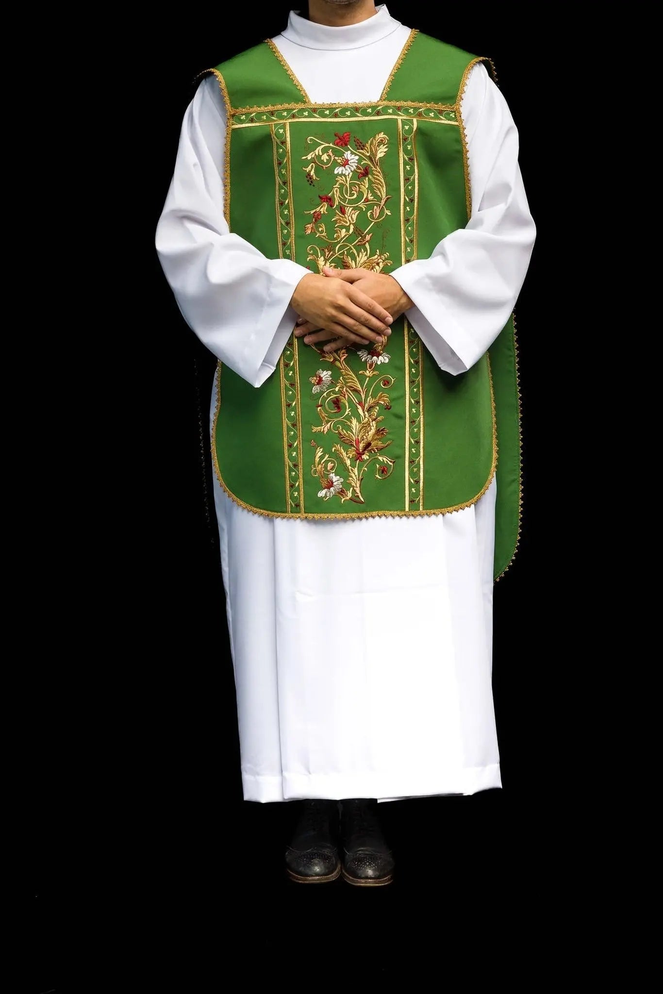 Green Roman chasuble embroidered with IHS motif
