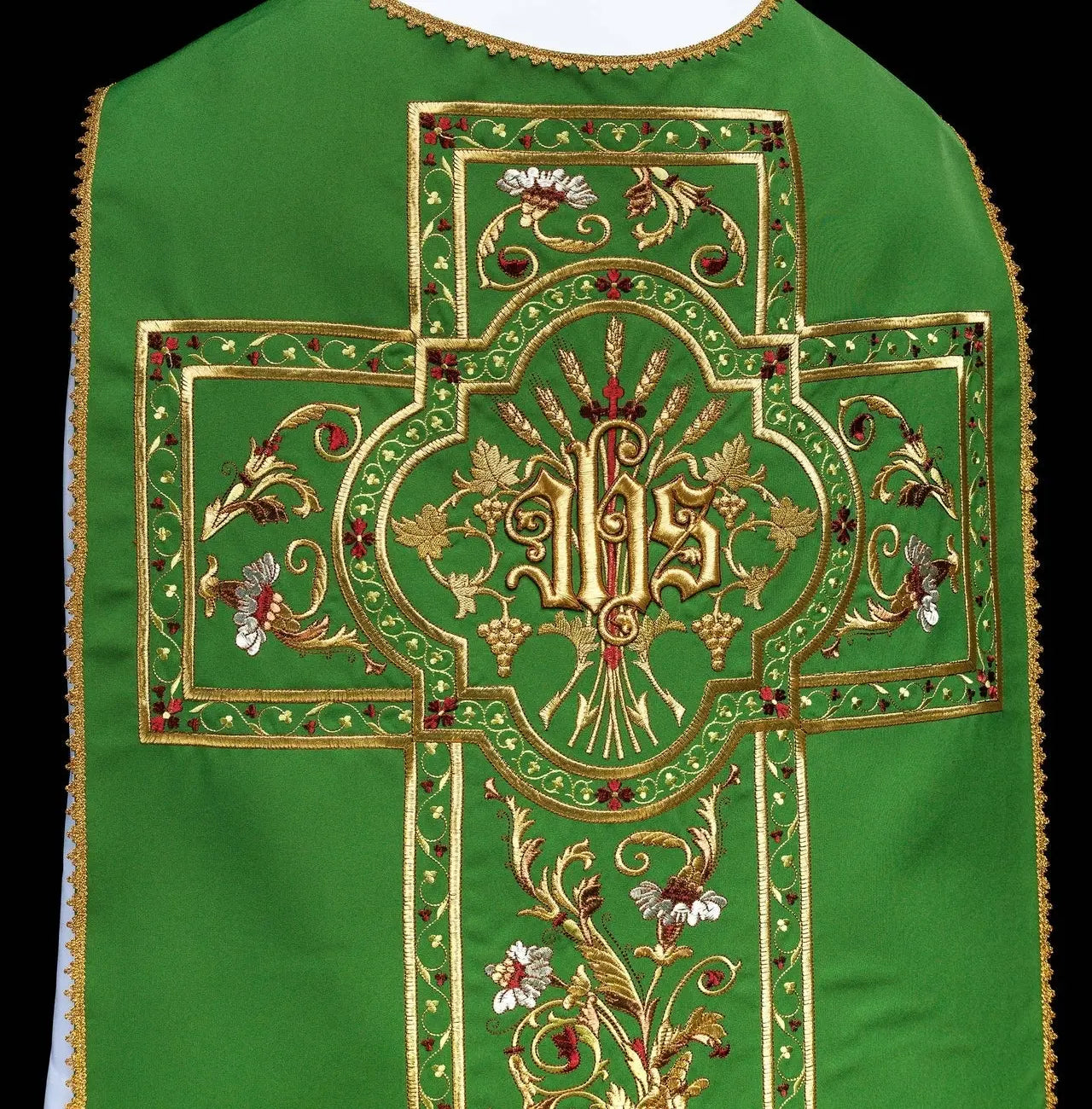 Green Roman chasuble embroidered with IHS motif