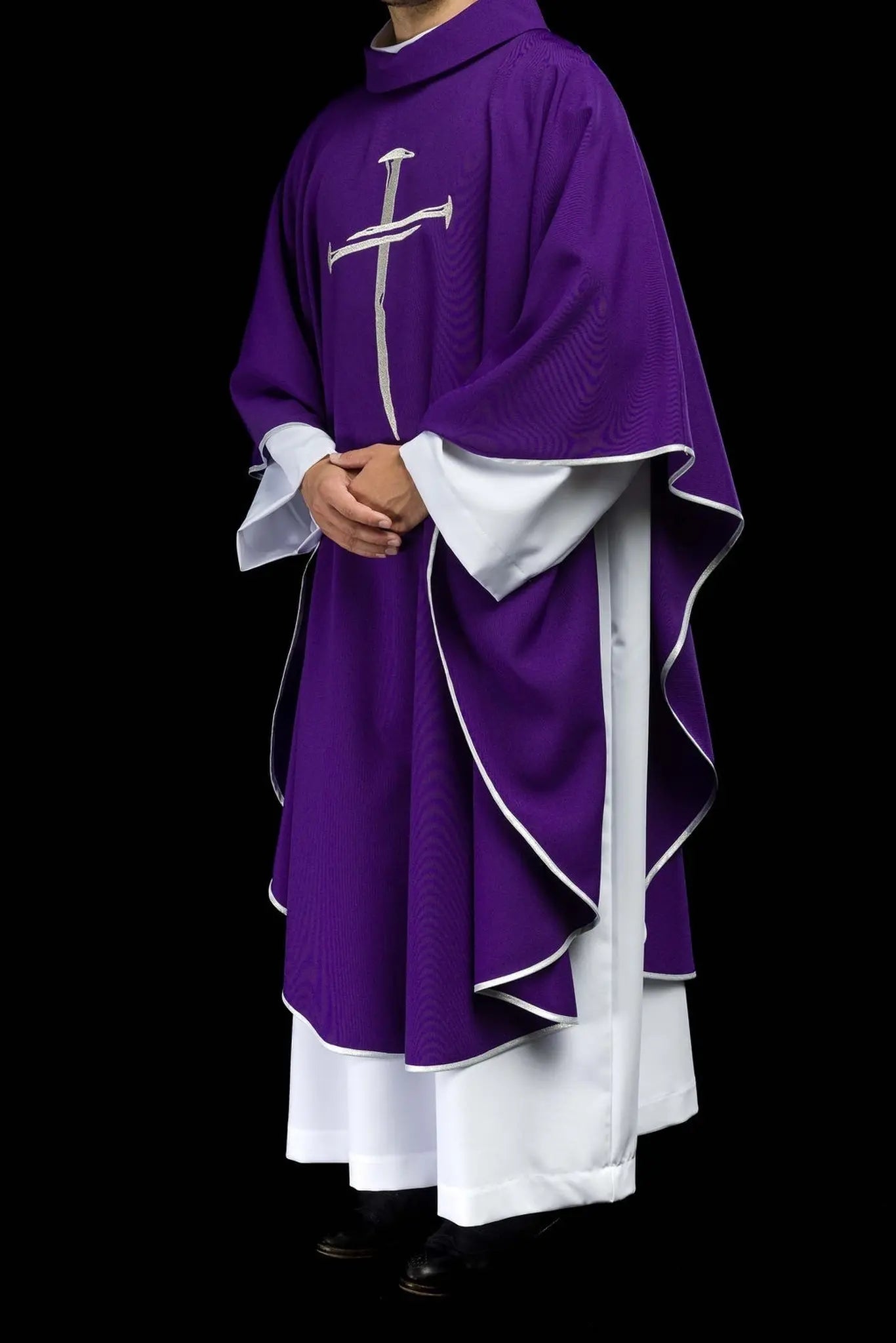 Purple chasuble with silver embroidered Cross for Lent