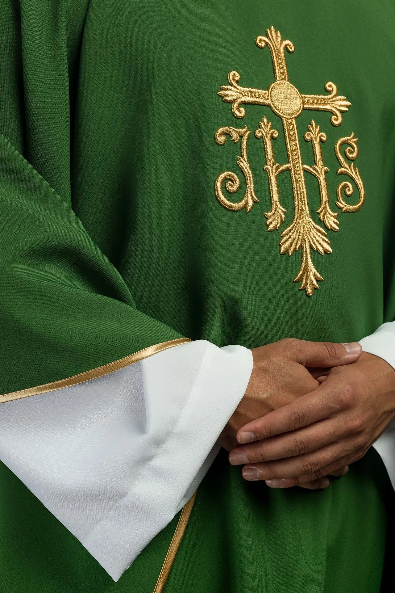 JHS green chasuble with raised embroidery
