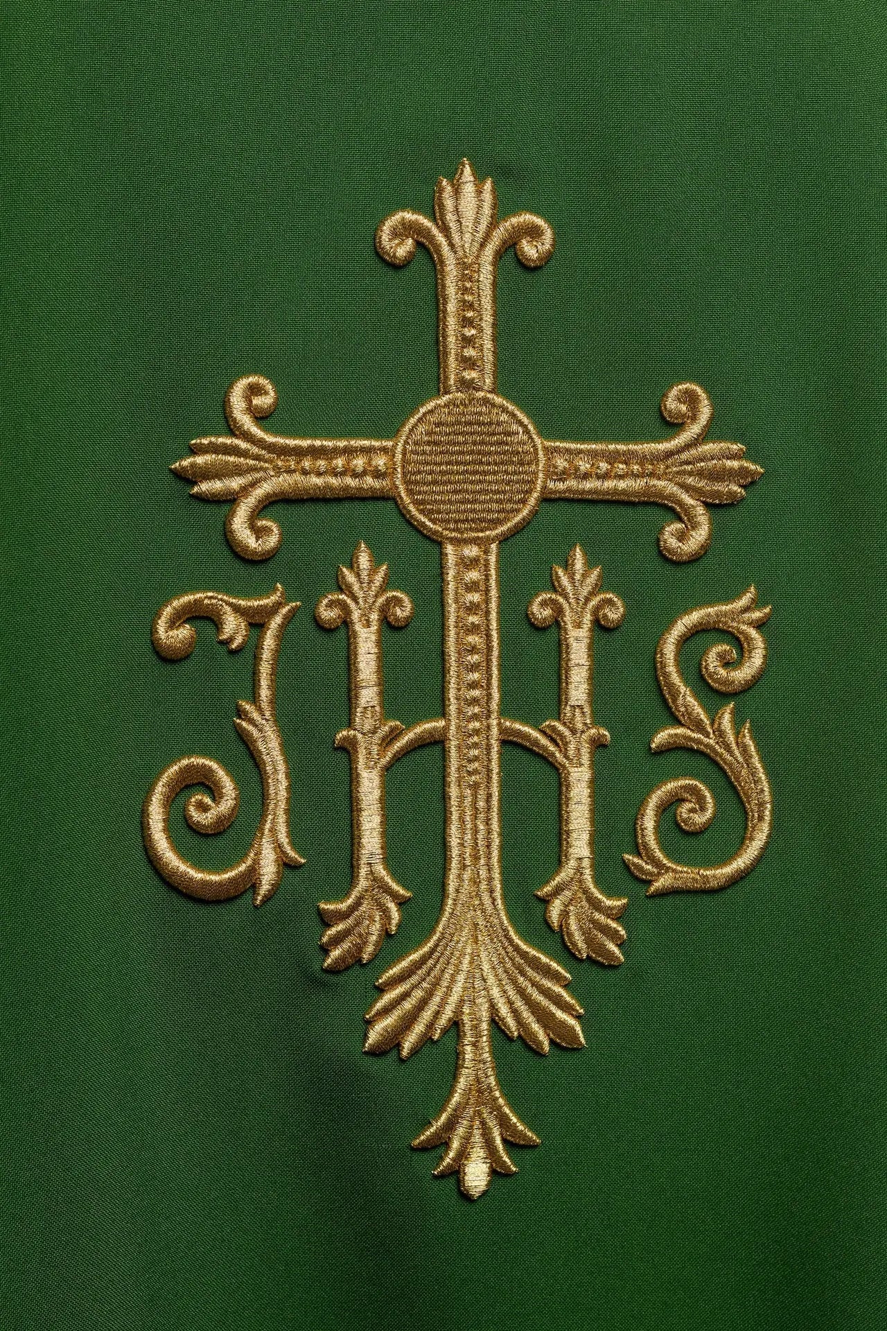 JHS green chasuble with raised embroidery